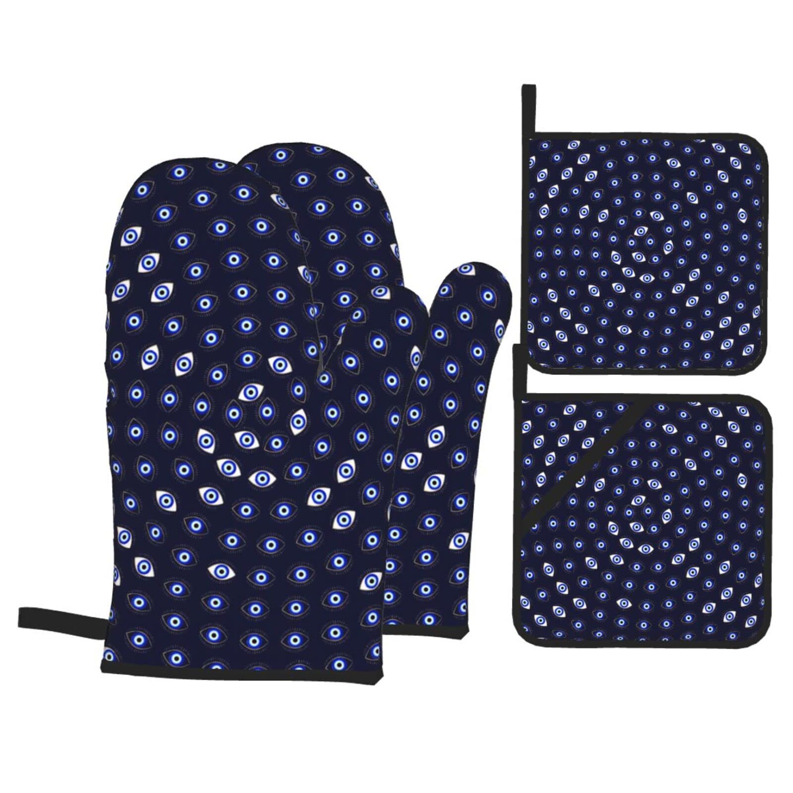 Blue Evil Eye Oven Mitts and Pot Holders Set - Heat Resistant Kitchen Gloves for Baking, Cooking & Grilling - Lucky Charm Protection for Home & Restaurant Use