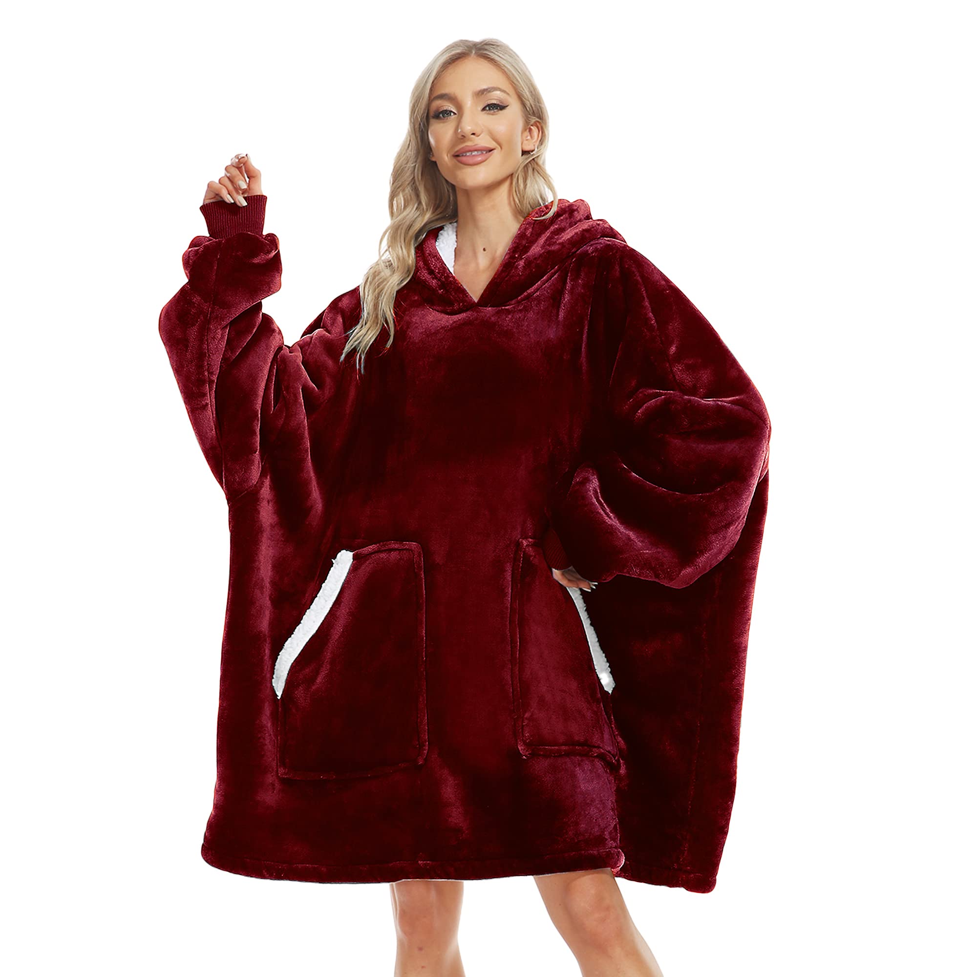 Kipswiza Oversized Wearable Blanket Hoodie - Sherpa Lined Soft Warm Hooded Sweatshirt Blanket for Women & Teens | Cozy Loungewear for Winter Nights, Movie Marathons & Gift Giving (Wine Red)