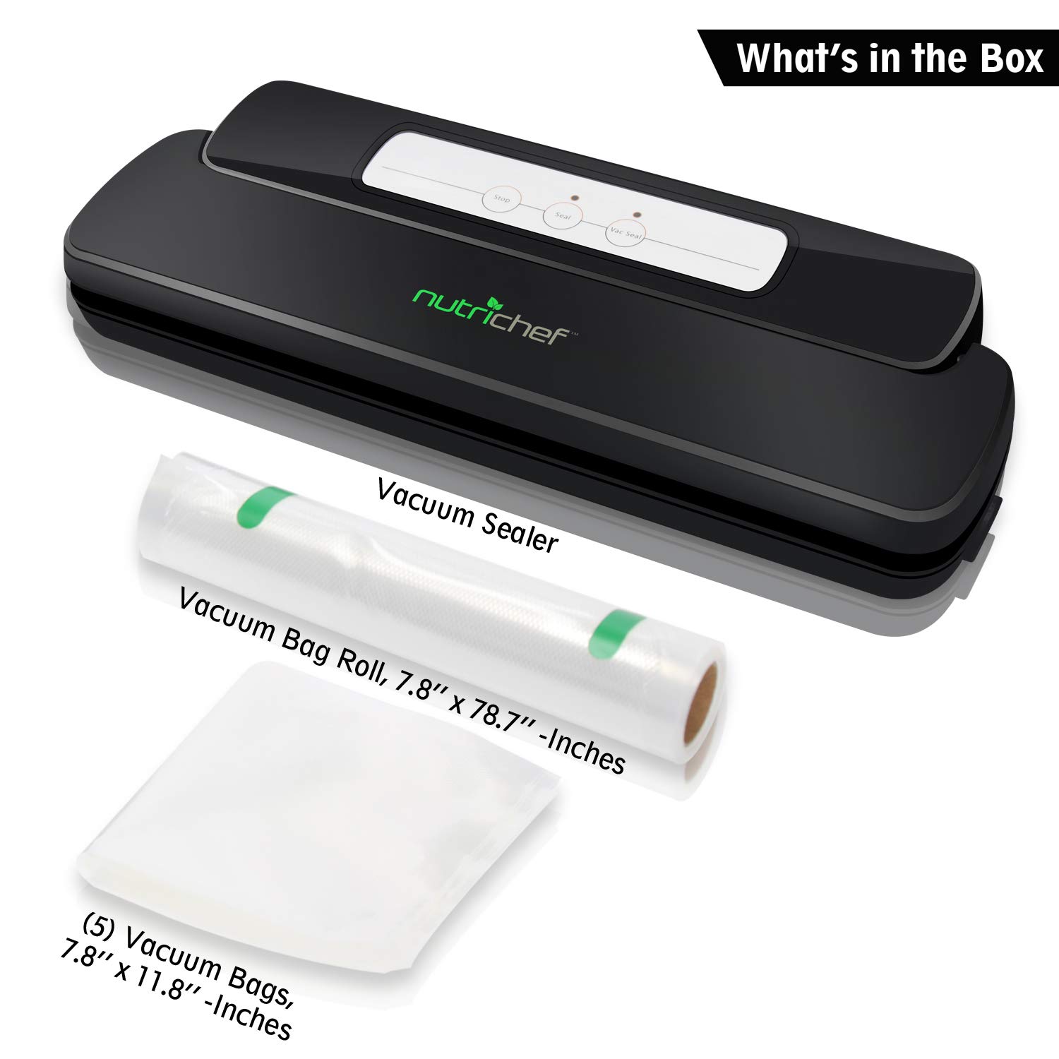 NutriChef Automatic Handheld Vacuum Sealer Machine for Food Storage - Compact Heat Sealing System for Dry & Moist Foods - Includes Plastic Roll Bags - Perfect for Meal Prep, Sous Vide & Kitchen Organization (Model AZPKVS10BK) | Preserve Freshness for Longer Shelf Life