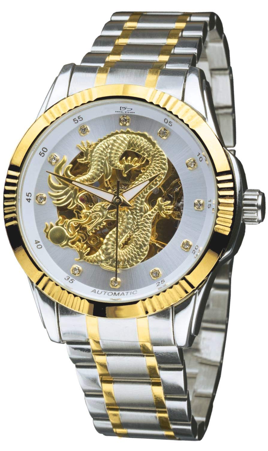 Premium Automatic Men's Watch with Golden Chinese Dragon Dial - Stainless Steel Two-Tone Case - Crystal Hour Markers - Luxury Dress Watch for Business, Formal Events & Gift Giving