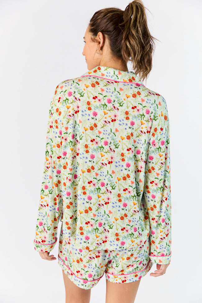 Botanical Floral Print Long Sleeve Pajama Top for Women - Comfortable Sleepwear & Loungewear - Perfect for Relaxing at Home, Spa Days, and Cozy Nights