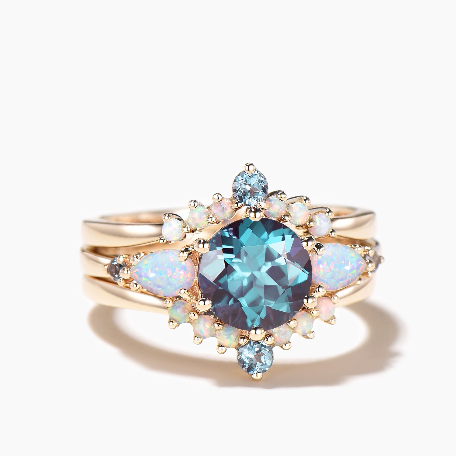3PC Round Cut Color Changing Alexandrite Engagement Ring with White Opal Bridal Set for Wedding, Proposal & Anniversary Gifts