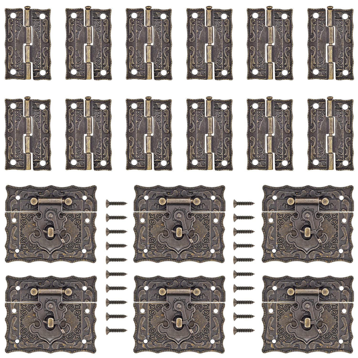 6-Piece Vintage Jewelry Box Hinges - Antique Bronze Decorative Locking Hinges with Engraved Designs (Includes 100 Screws) for Jewelry Chests, Toolboxes & Wooden Keepsake Boxes