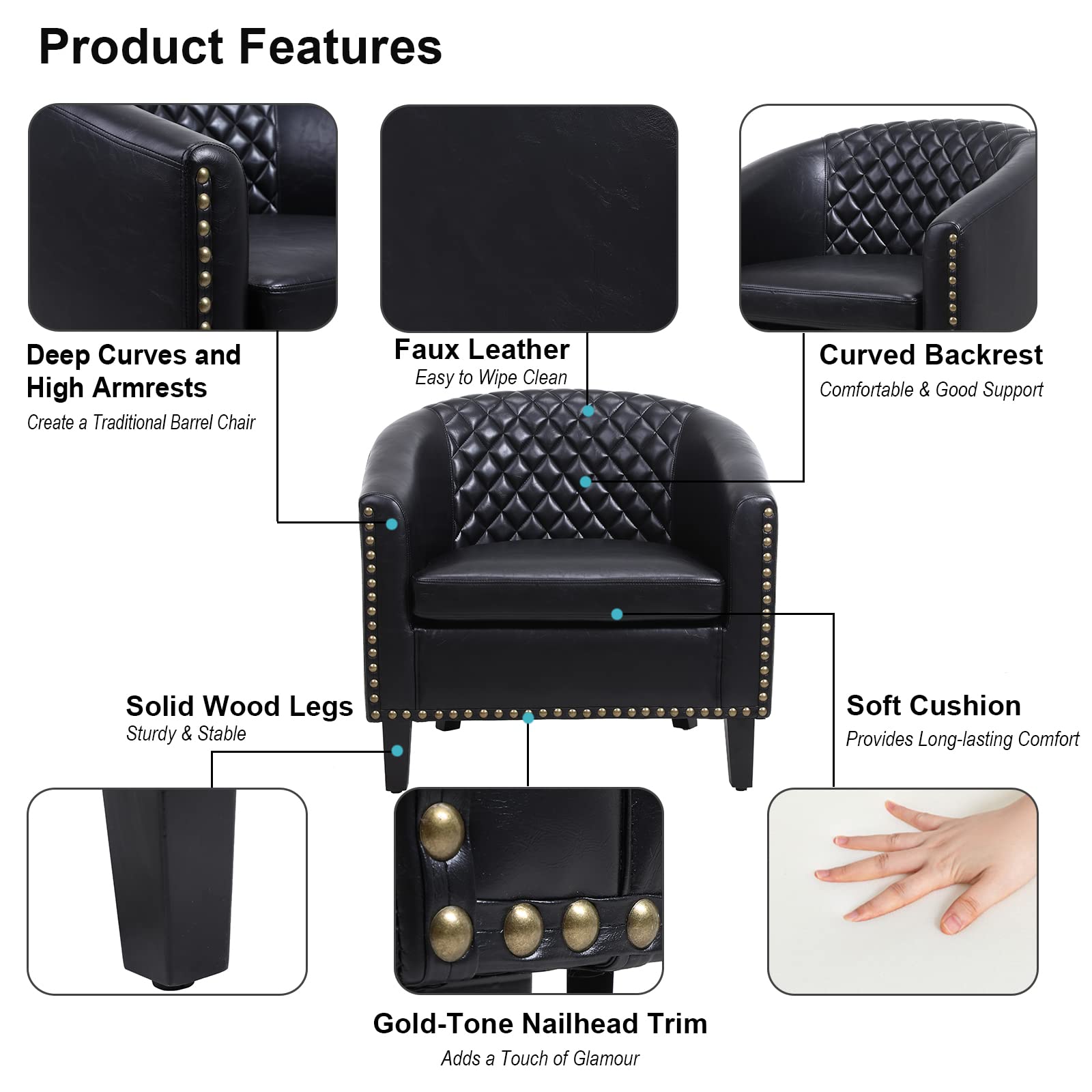 Henf Faux Leather Barrel Accent Chair - Mid Century Modern Armchair with Decorative Nailheads & Solid Wood Legs - Upholstered Living Room Club Chair for Reading, Lounging & Home Office - Perfect for Small Spaces & Apartment Decor