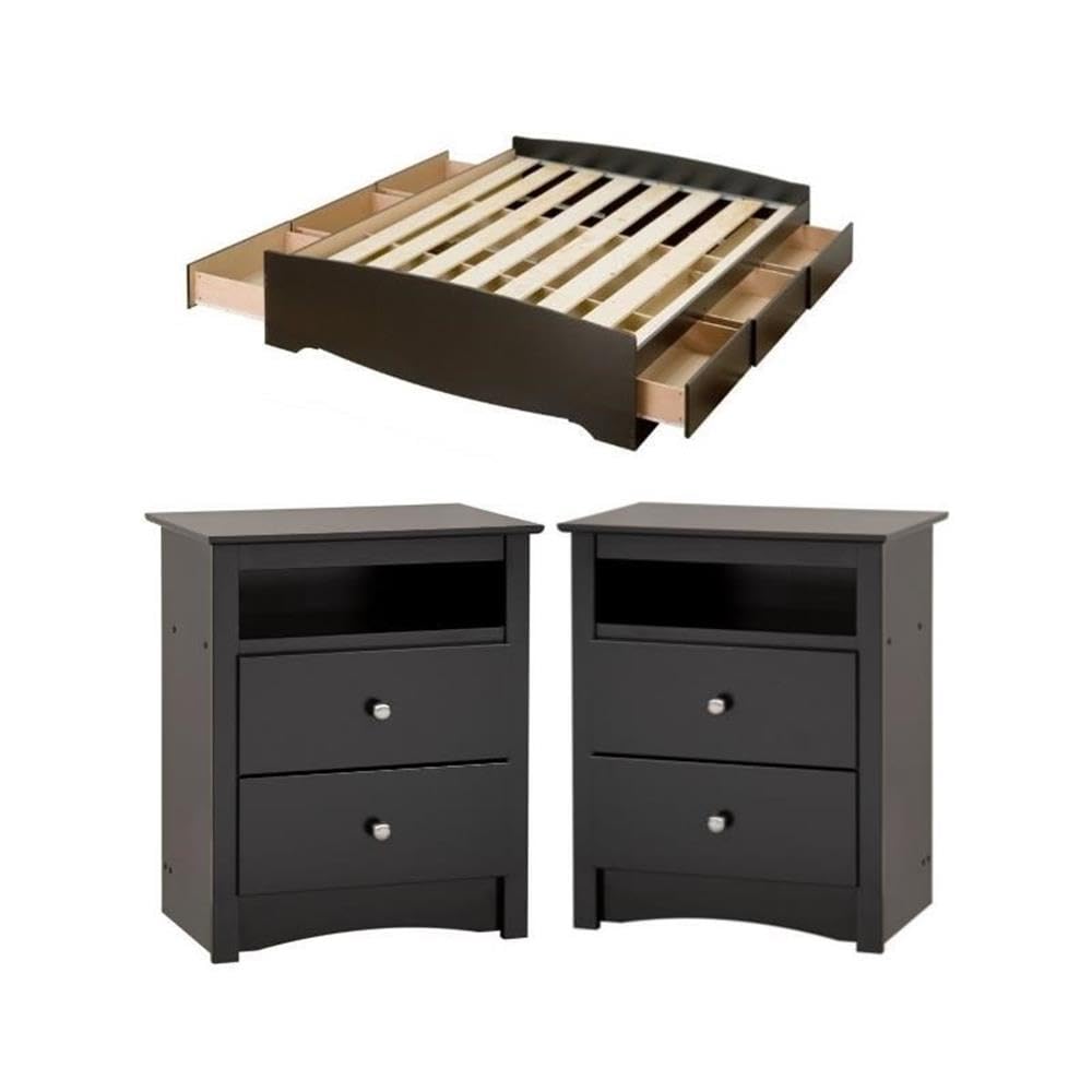 Home Square 3-Piece Bedroom Set - Black Double/Full Size Storage Bed with 2 Nightstands | Space-Saving Solution for Small Rooms & Modern Bedroom Decor