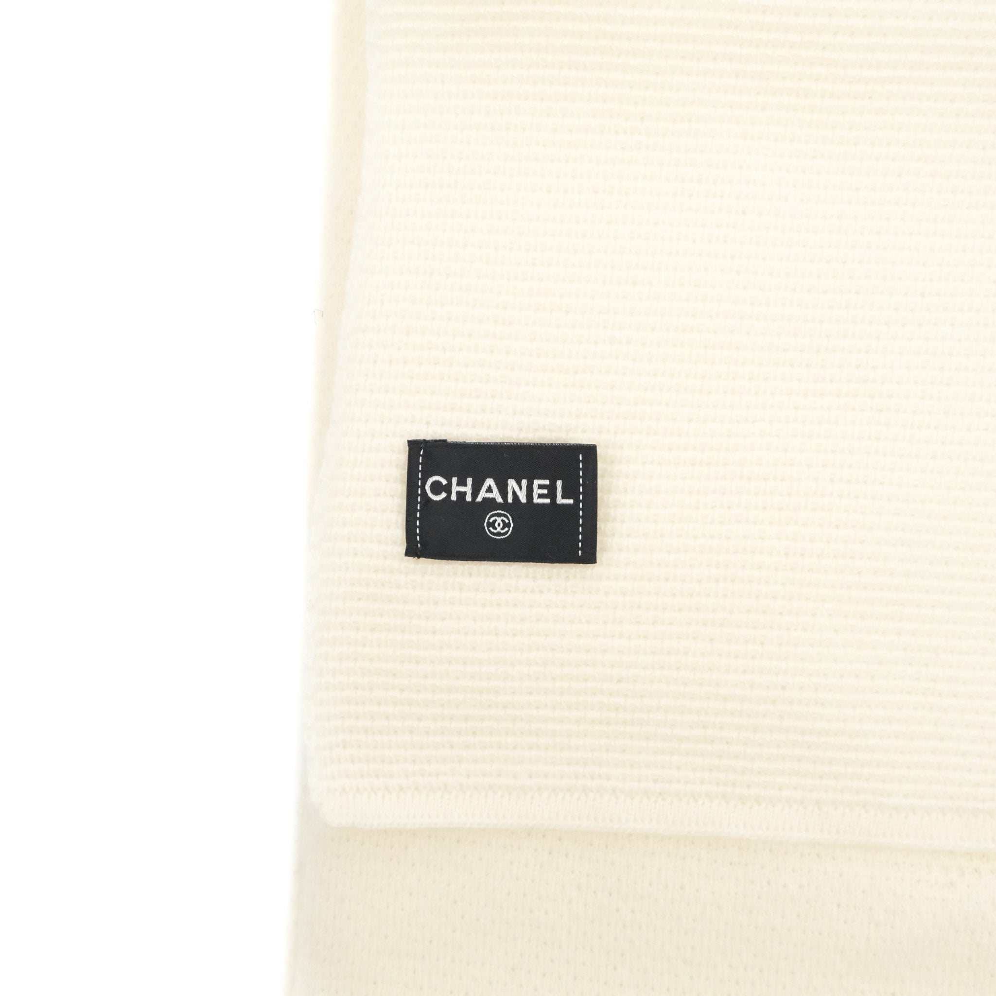 Chanel Cashmere Scarf with Tweed Logo - Ivory Luxury Winter Wrap for Women - Perfect for Office, Travel & Special Occasions