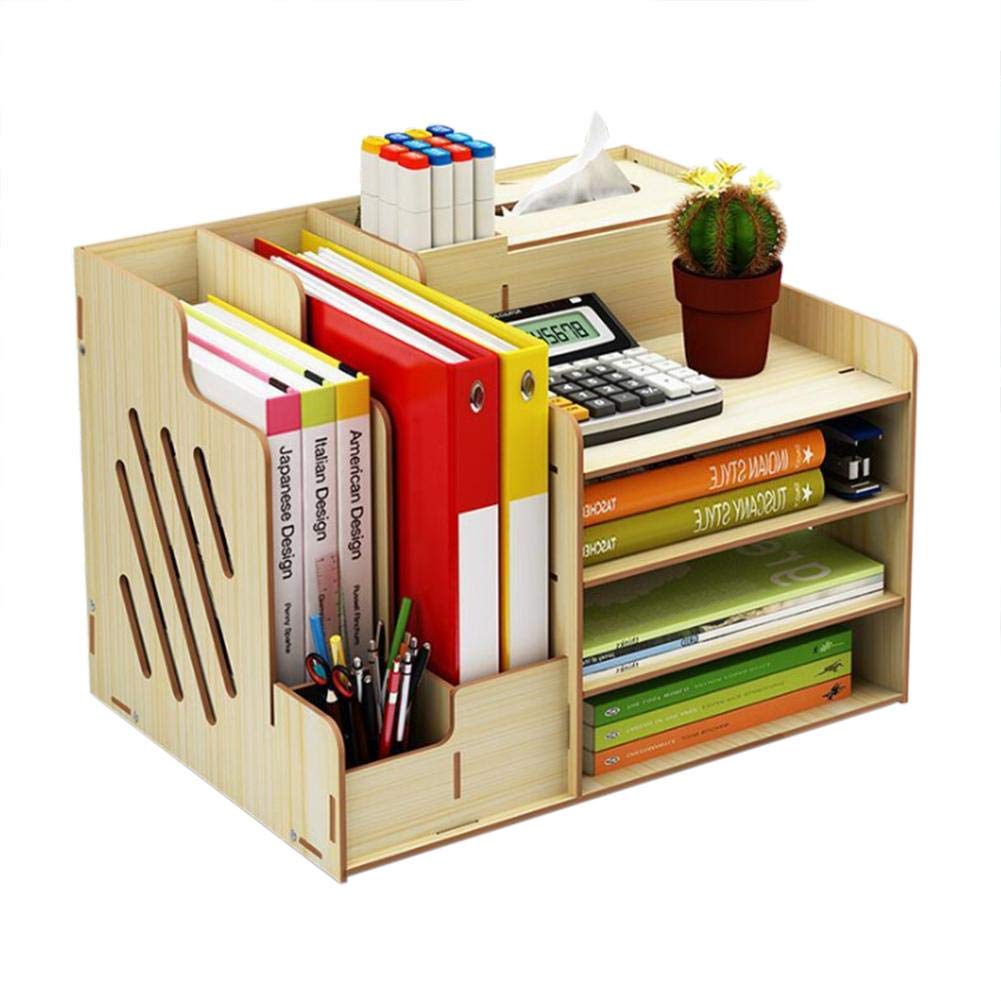 TOMOYOU Wooden Desktop Organizer - Lightweight Office Supplies Storage Box with Book Holder & Paper Tray - Perfect for Home Office, Study Desk, and Workspace Organization