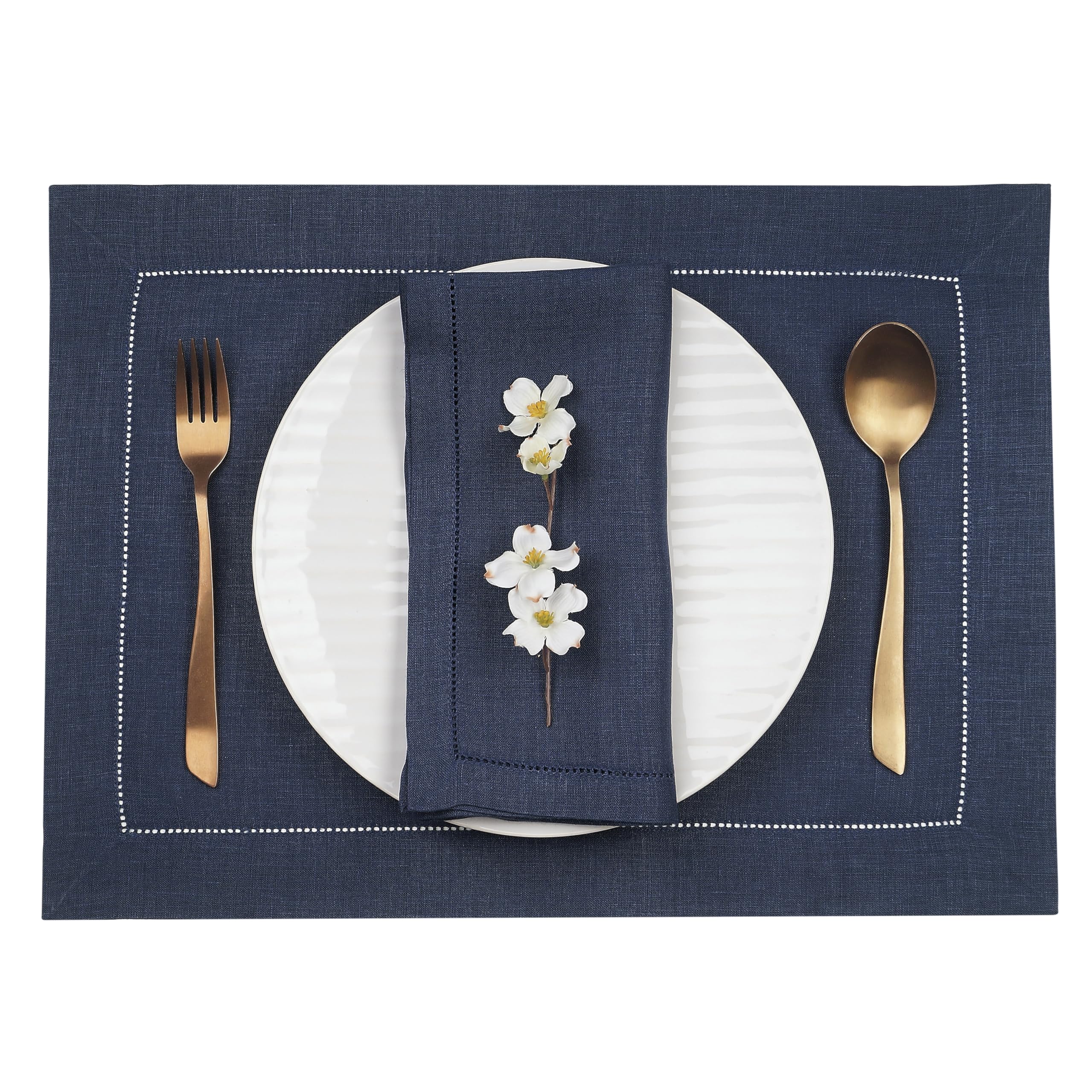 D'Moksha Homes 100% Pure Linen Placemats Set of 4 - Navy Blue 14x19 Inch Classic Hemstitch Washable Table Mats for Dining, Kitchen, Spring & Summer Decor