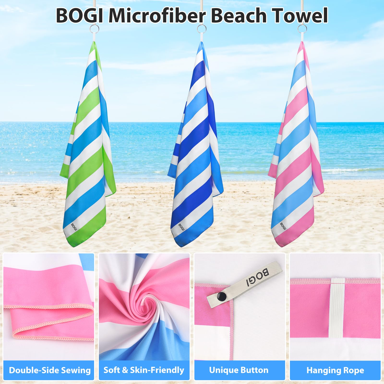 BOGI Quick Dry Microfiber Beach Towel Set - Lightweight, Absorbent & Sand Proof Oversized Travel Towels (Size L & XL) for Pool, Swim, Gym, Yoga, Vacation & Outdoor Activities