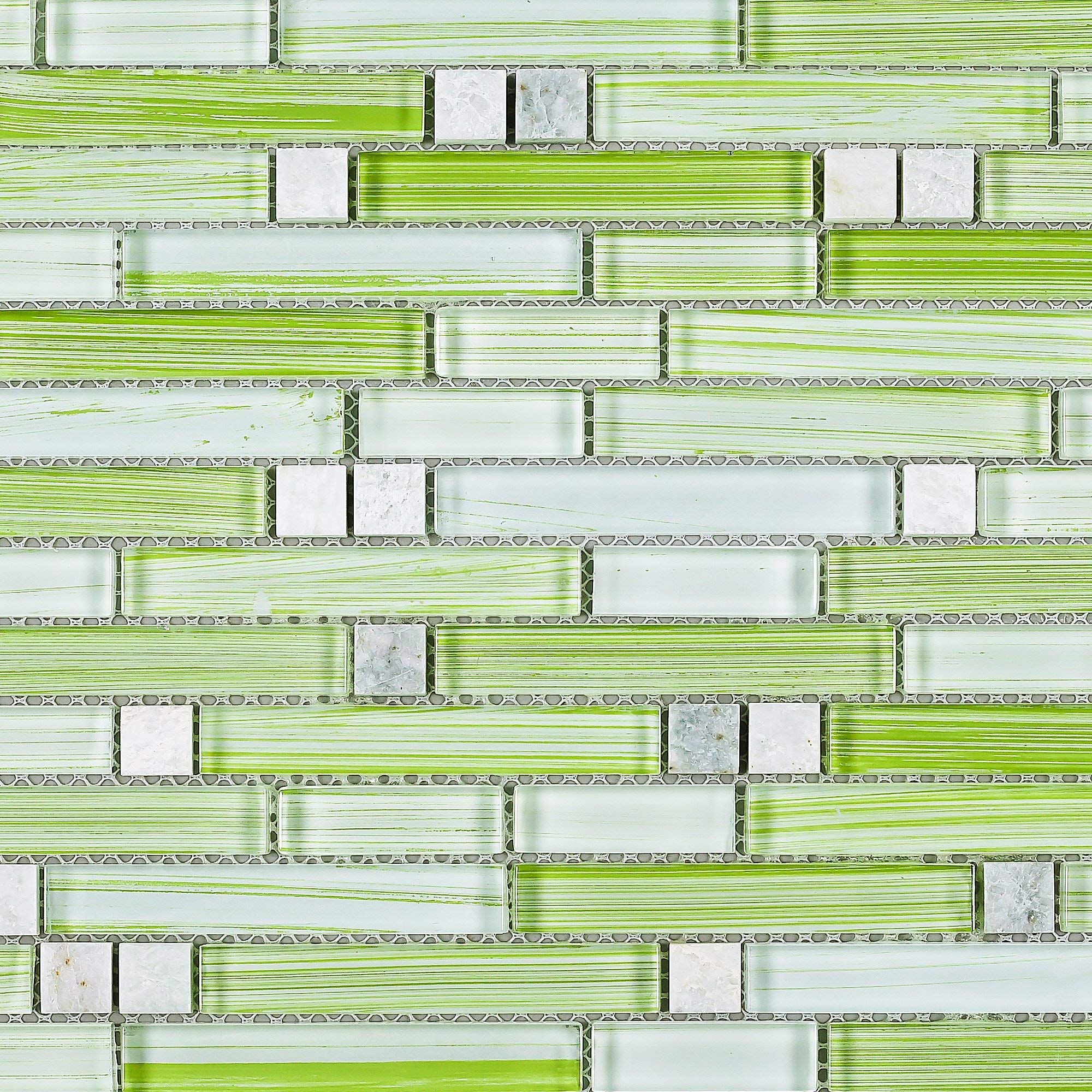 TNLQG-04 Apple Green Glass Mosaic Tile with Floral Pattern - 10 Sheets Peel and Stick Backsplash for Kitchen, Bathroom, Shower Wall - Waterproof DIY Home Decor