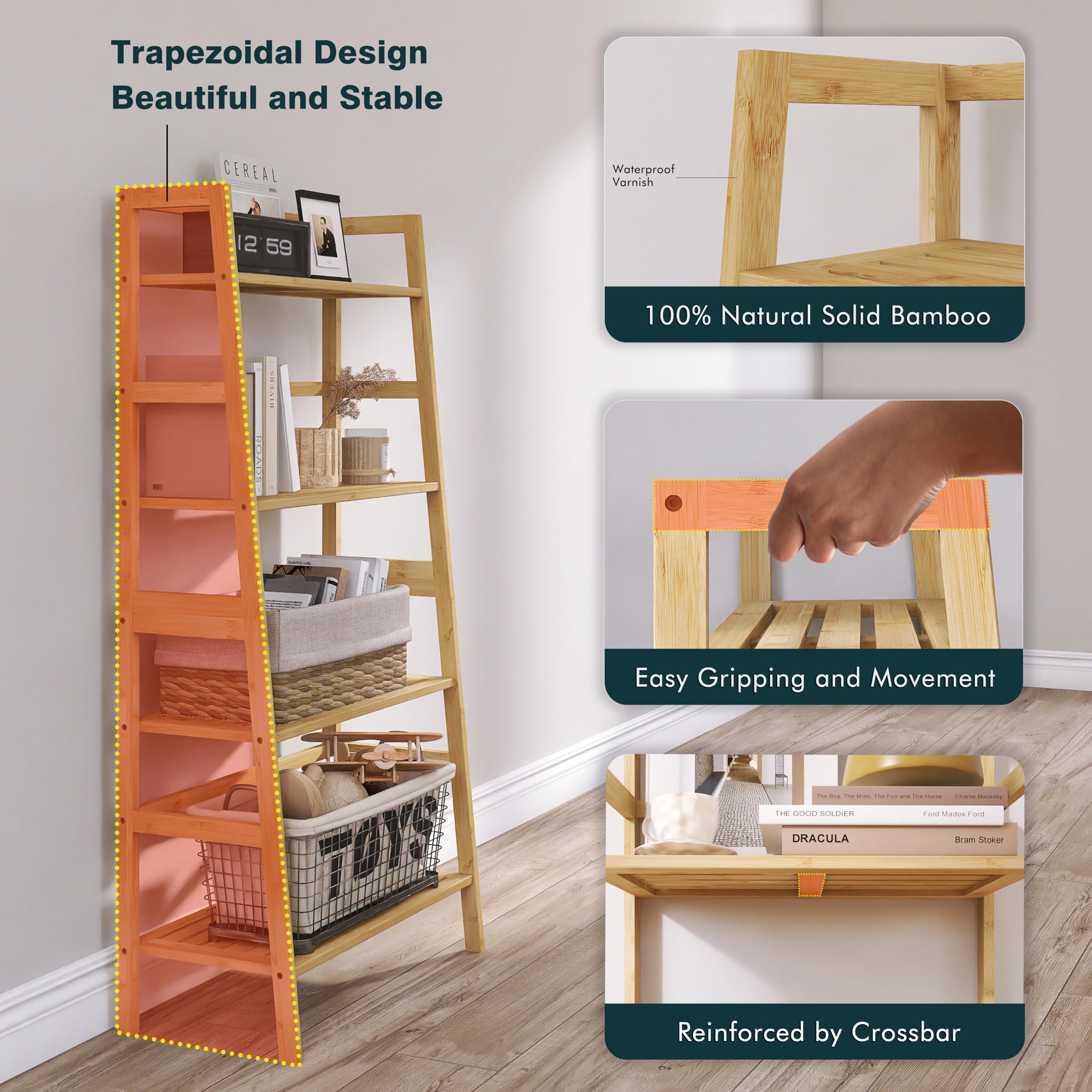 HITNET 4-Tier Bamboo Ladder Shelf - Leaning Bookcase & Storage Organizer for Books, Plants & Home Decor | Freestanding Display Rack for Living Room, Office, Kitchen | Natural Wood Finish | Space-Saving Home & Office Storage Solution
