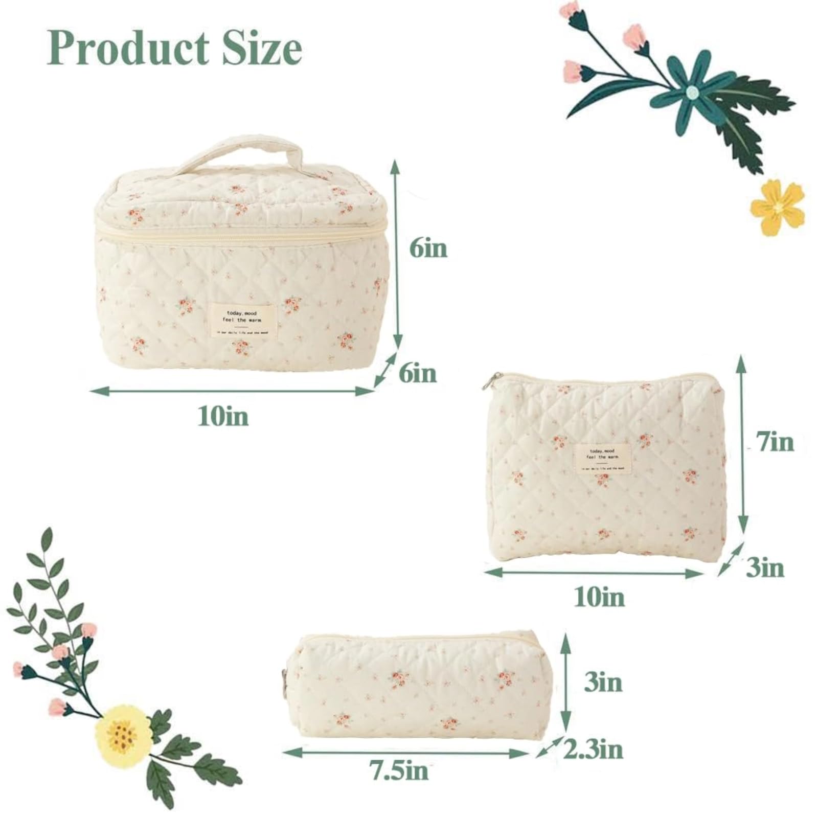 Floral Quilted Cotton Makeup Bag Set - 3 Pack Aesthetic Cosmetic Organizer for Travel, Toiletries & Daily Use (White Flower Design) | Perfect for Women's Beauty Essentials, Gym, and Weekend Getaways