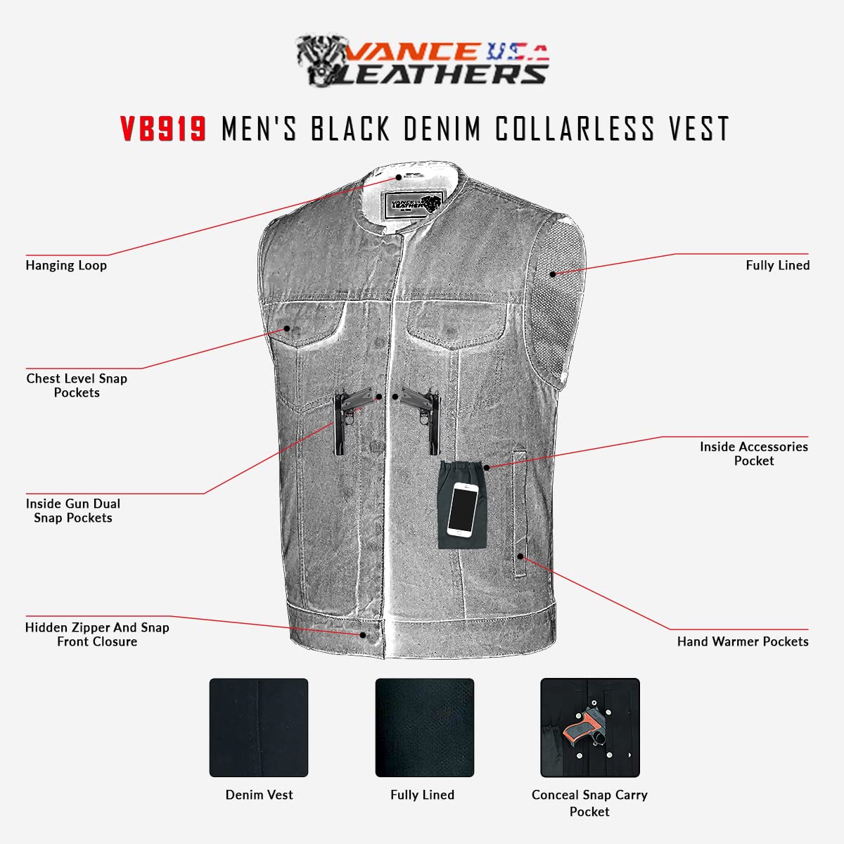 Vance Leather Men's Black Denim Collarless Club Vest with Conceal Carry Pockets | Stylish Motorcycle Jacket for Bikers & Outdoor Enthusiasts | Perfect for Riding, Hunting & Casual Wear