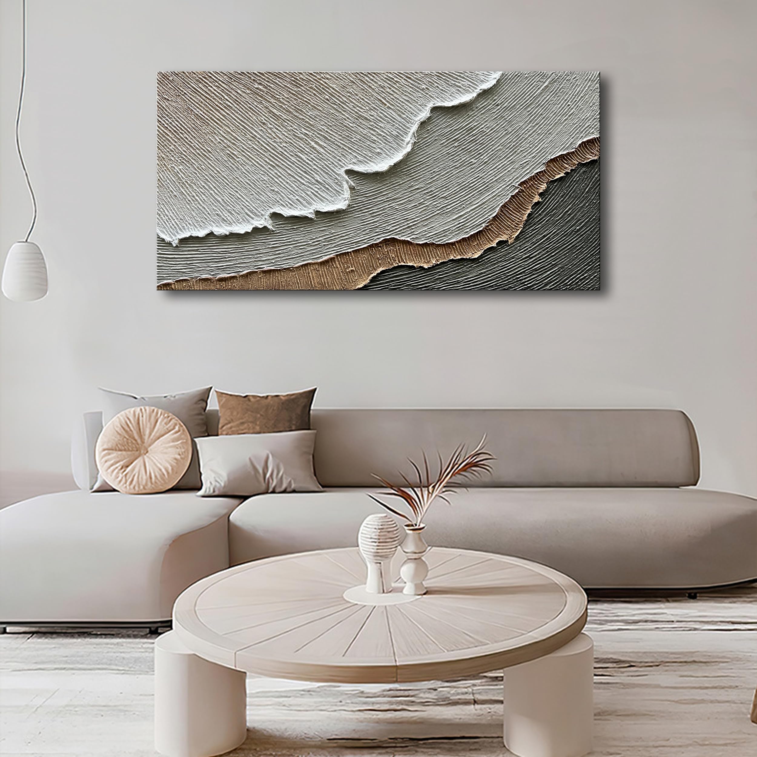 Hand-Painted Thick Texture Abstract Beach Wave Landscape Oil Painting - 24x48 Inch Wall Art for Living Room, Bedroom & Office Decor | NANKAI Premium Home Decoration