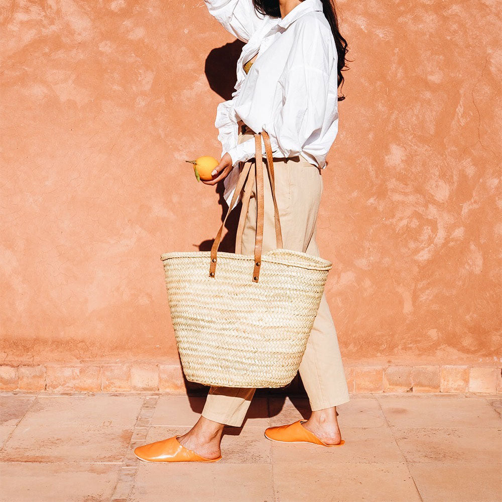 Eco-Friendly Palm Leaf Shopping Tote Bag with Genuine Leather Handles - Perfect for Groceries, Beach Trips & Farmers Market