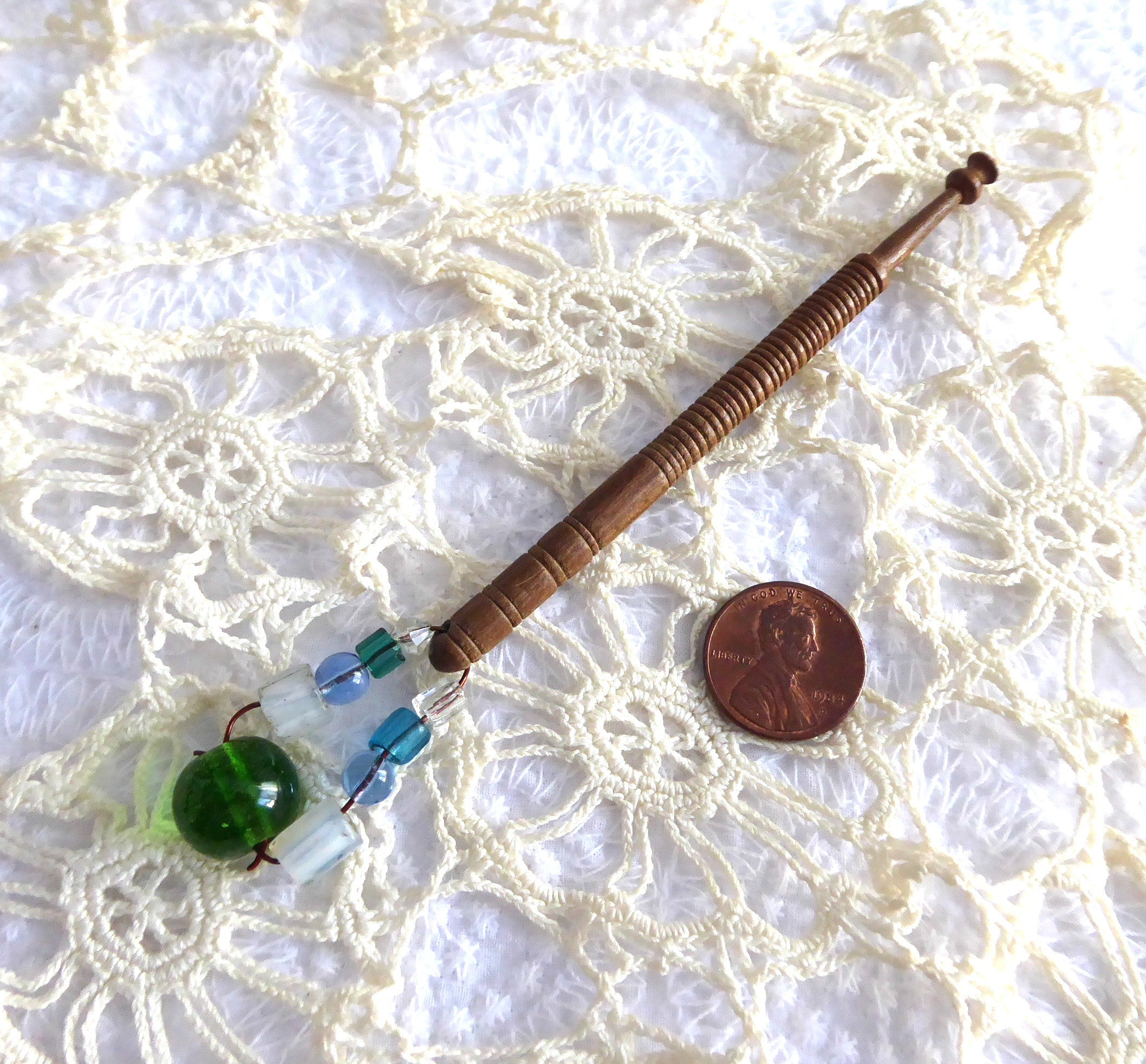 Antique Victorian Lace Bobbin with Treen Beads & Spangles - English Mid 1800s (1850-1880) for Vintage Sewing, Costume Making & Historical Reenactments