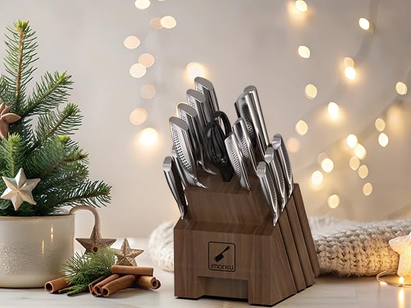 Imarku 16-Piece High Carbon Stainless Steel Kitchen Knife Set with Wooden Block - Ultra Sharp Japanese Knives with Non-Slip Ergonomic Handle, Dark Brown - Perfect for Home Chefs, Cooking Enthusiasts & Wedding Gifts