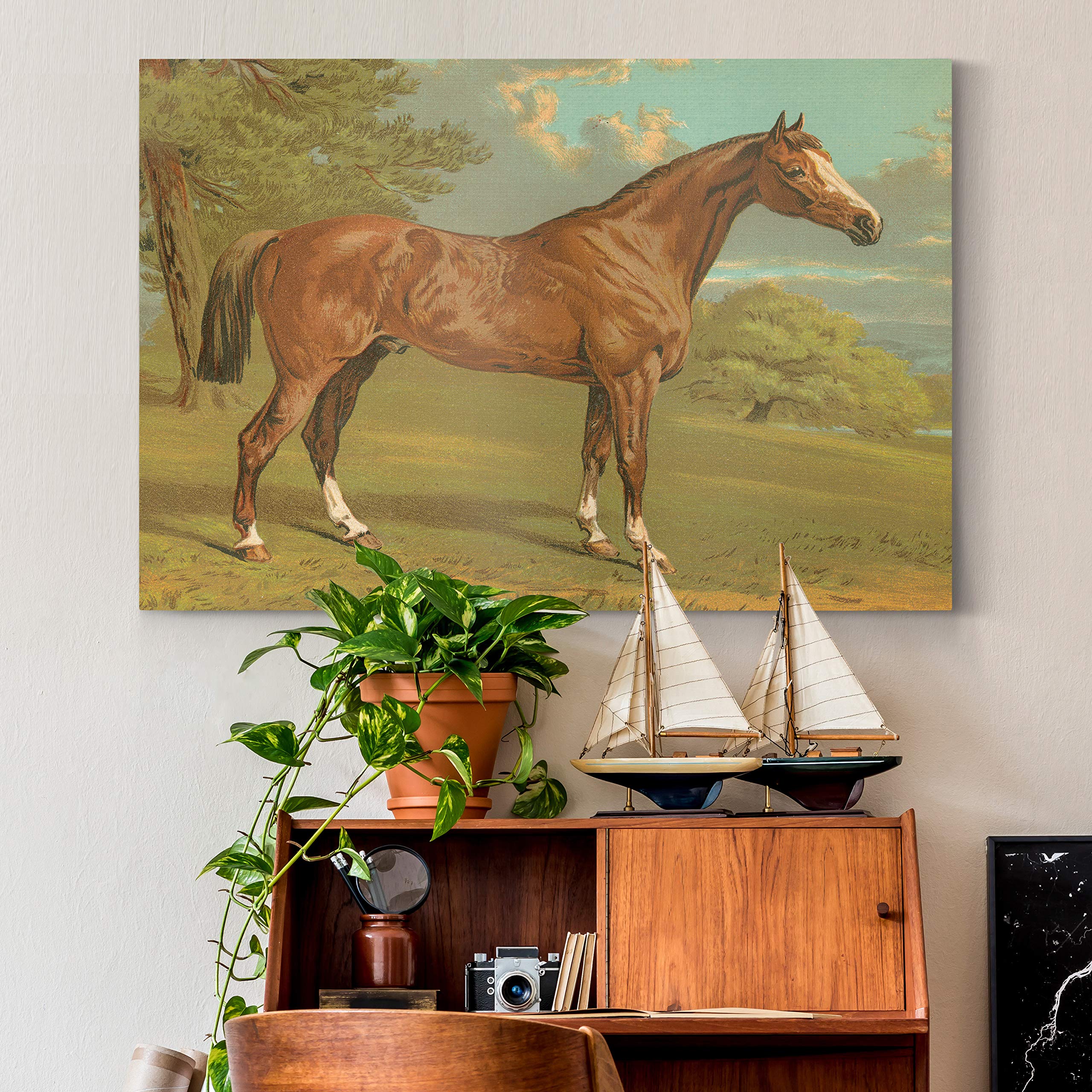 Premium Gallery Wrapped Canvas Wall Art - Handsome Brown Horse in Green Grass & Blue Sky | 32x48 Inches | Ready to Hang | Made in USA | Perfect for Living Room, Bedroom & Office Decor