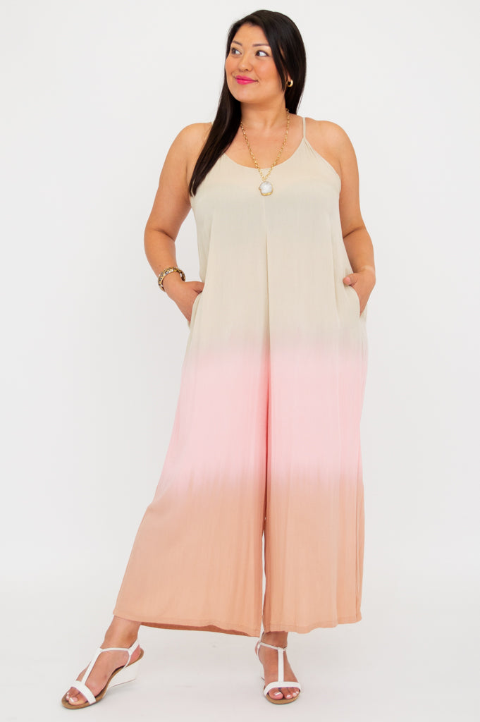 Ender Jumpsuit - Tan Dip Dye Women's Romper | Stylish Casual Outfit for Summer, Beach, and Outdoor Activities