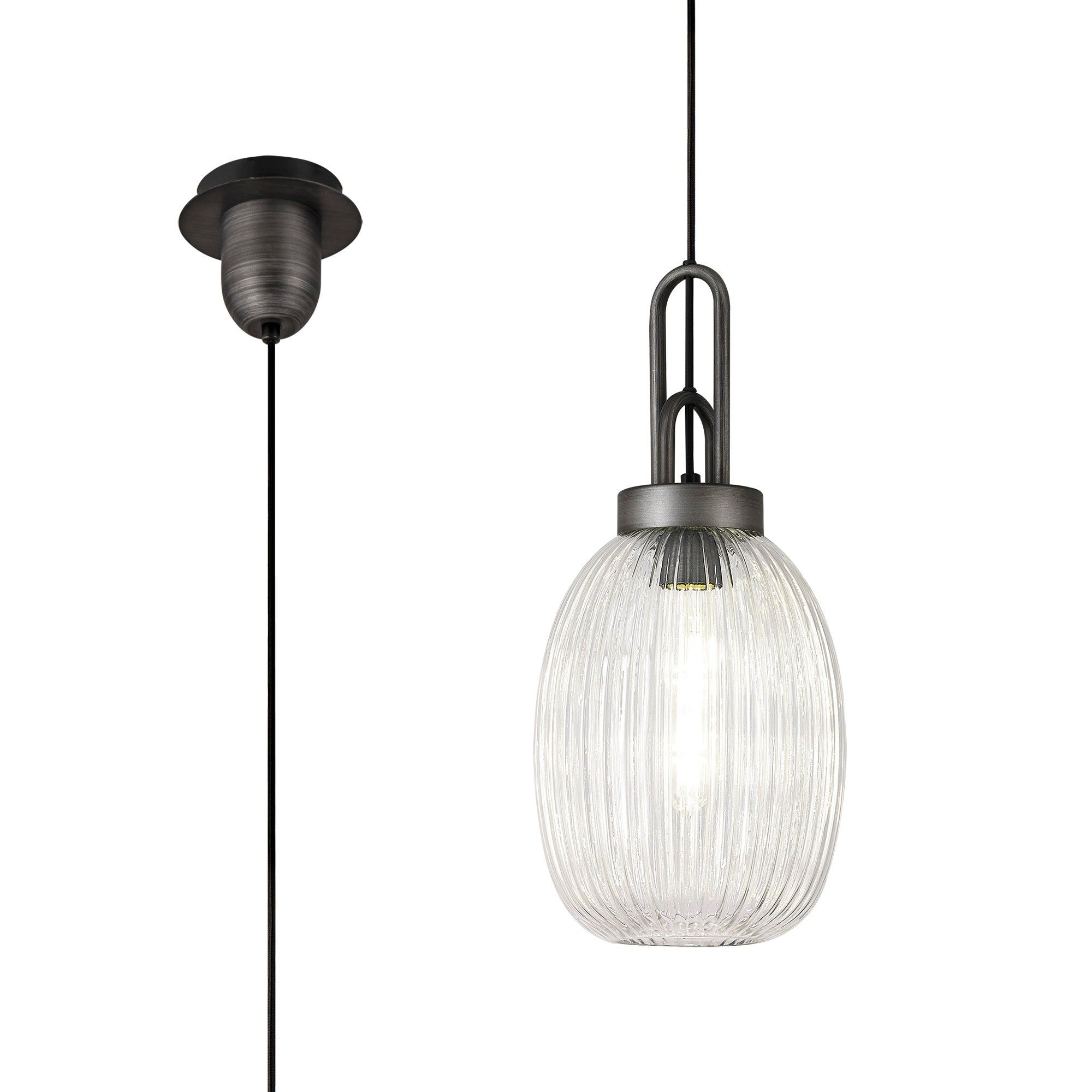 Cadiz 1-Light Pendant Light Fixture with 20cm Almond Ribbed Glass Shade, E27 Socket, IP20 Rated - Perfect for Kitchen Island, Dining Room, or Bedroom Lighting