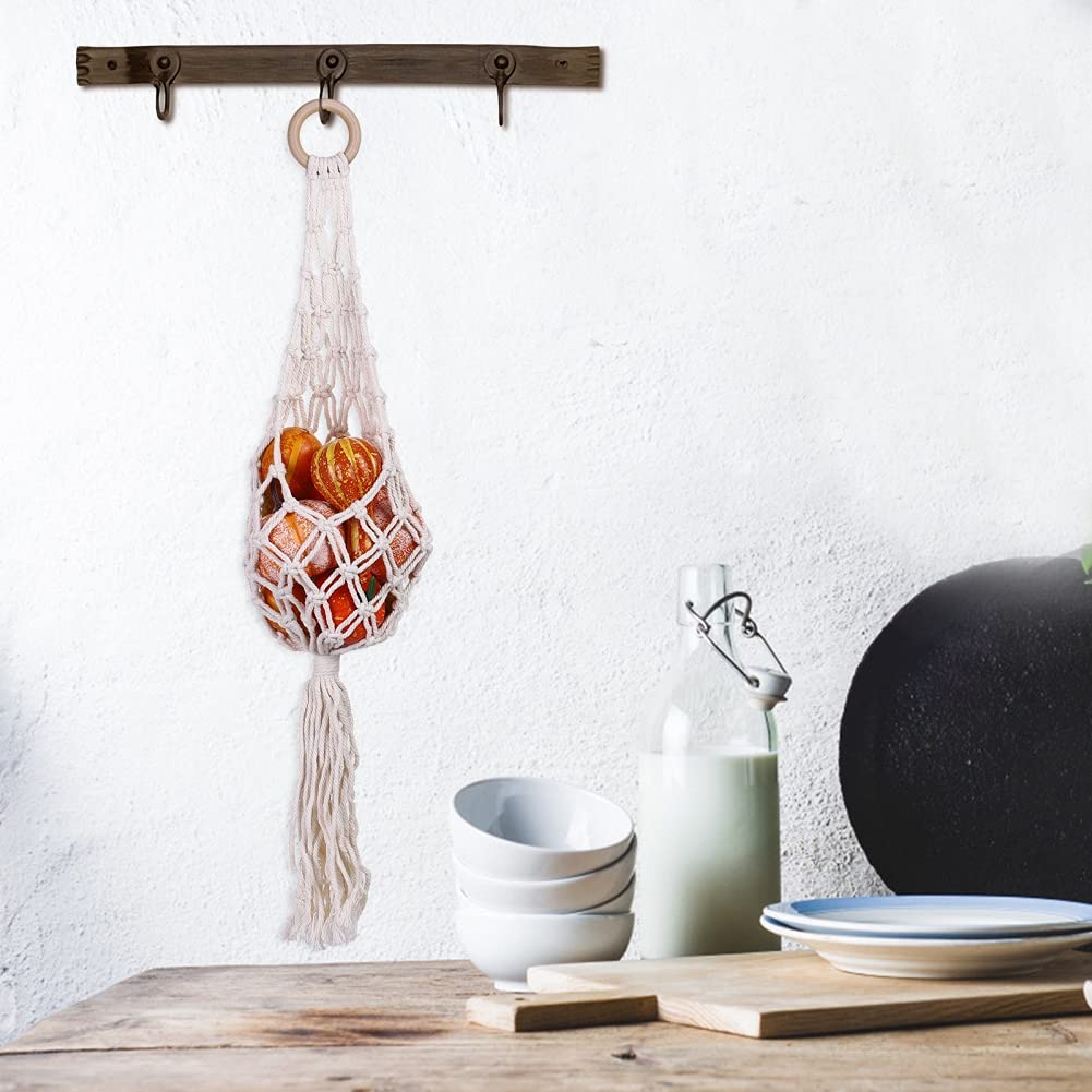 Macrame Hanging Basket for Fruits & Vegetables - Cotton Boho Wall Hanging Produce Holder, Banana Hammock, Kitchen Counter Space Saver - Perfect for Organizing Fresh Produce in Small Kitchens, Balconies or Boho Home Decor (White)