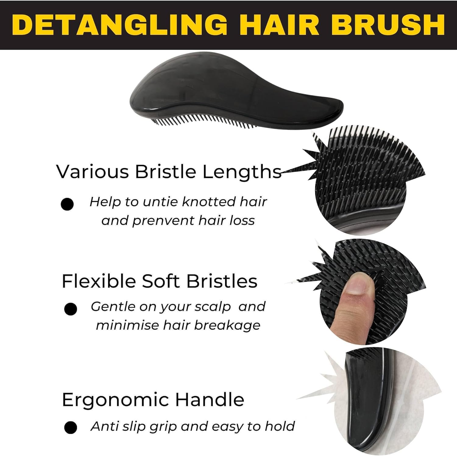 INOVERA Detangling Hair Brush for Women & Men - Wet & Dry Hair Detangler Brush for Curly, Straight & Thick Hair - Knot & Tangle Remover Comb (Black) - Perfect for Daily Hair Care, Travel & Salon Use