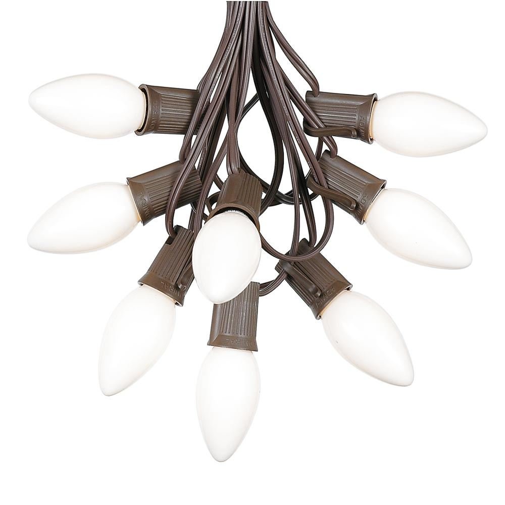 100 Foot C9 White Ceramic Christmas String Lights - Outdoor Holiday Lights with Opaque Bulbs & Brown Wire - Perfect for Roofline, Trees, and Patio Decorations