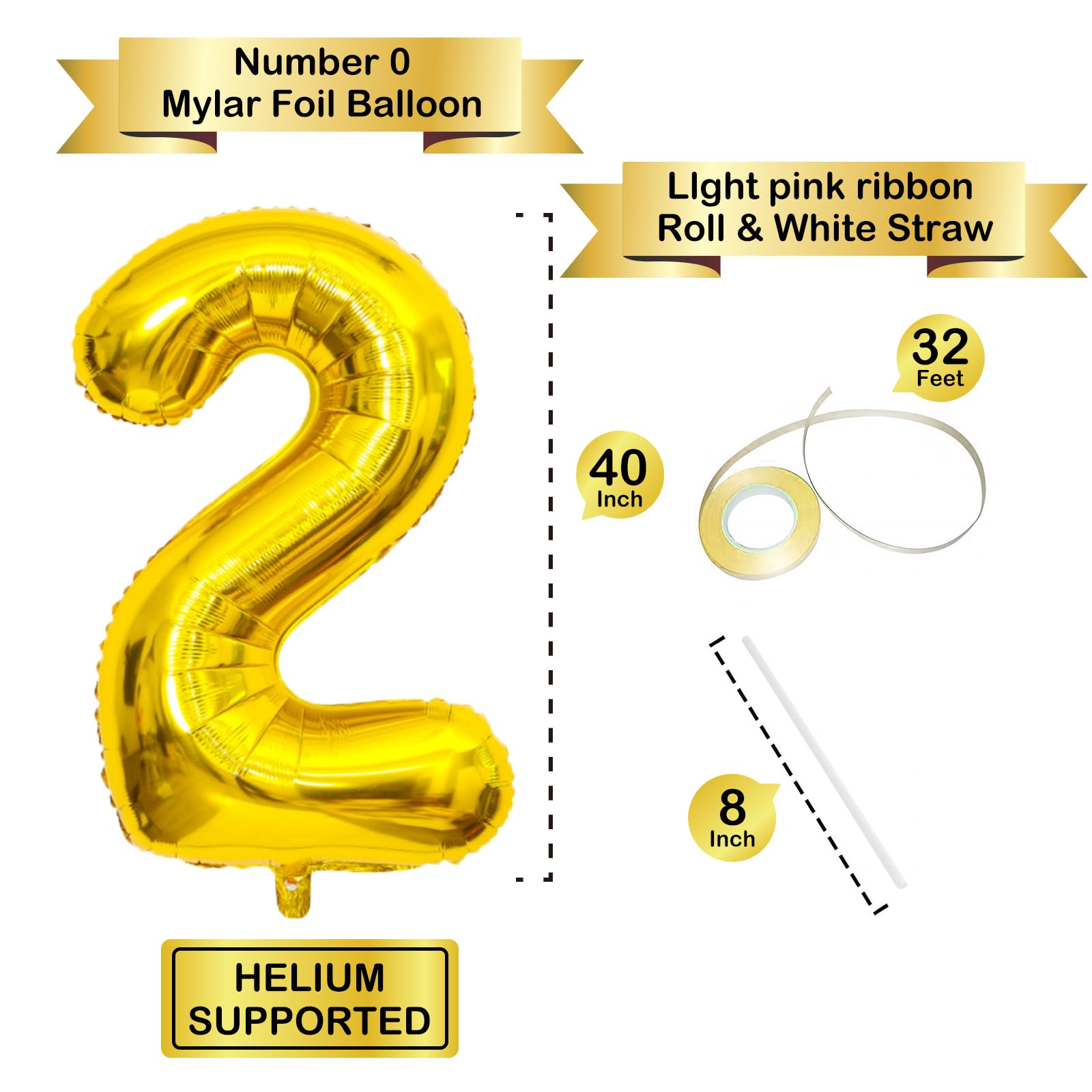 40 Inch Gold Number 2 Balloons - Helium Mylar Foil Balloons for Birthday Party Decorations, 2nd Birthday, Anniversary & Special Events - Perfect for Kids Parties, Baby Showers & Photo Backdrops