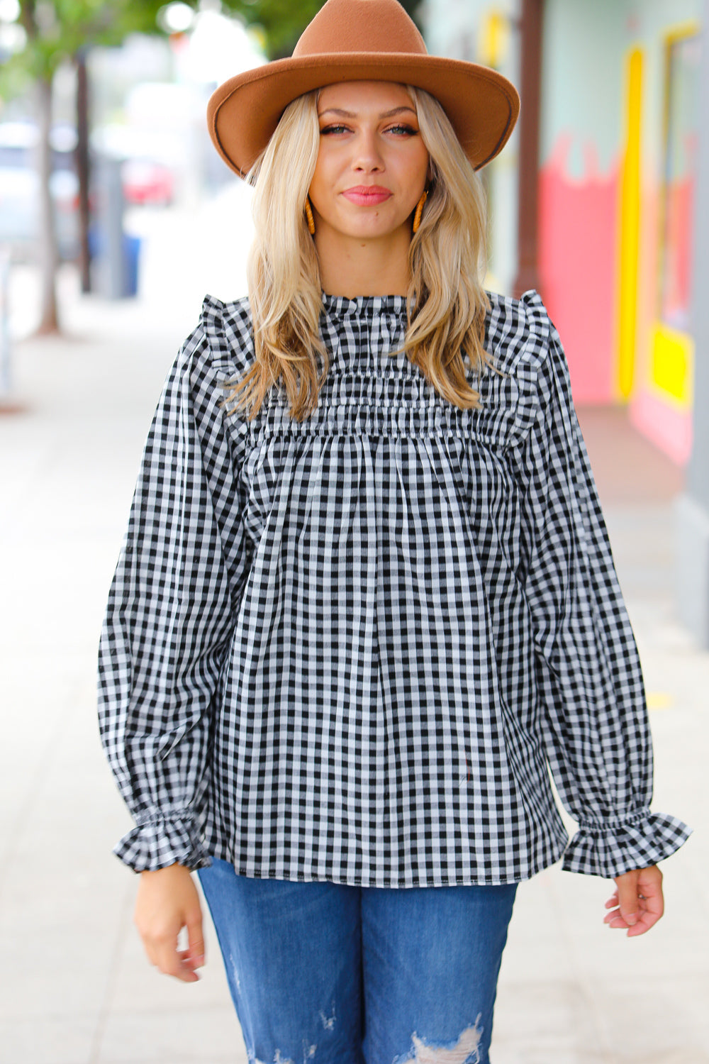 Stylish Black Gingham Shirred Yoke Mock Neck Frilled Top for Women | Vintage-Inspired Blouse for Casual Outfits & Date Nights