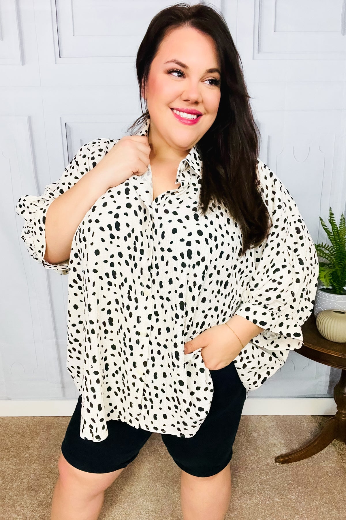 Stylish Ivory Leopard Print Button Down Oversized Blouse for Women | Trendy Casual Shirt for Everyday Wear, Office, and Night Out