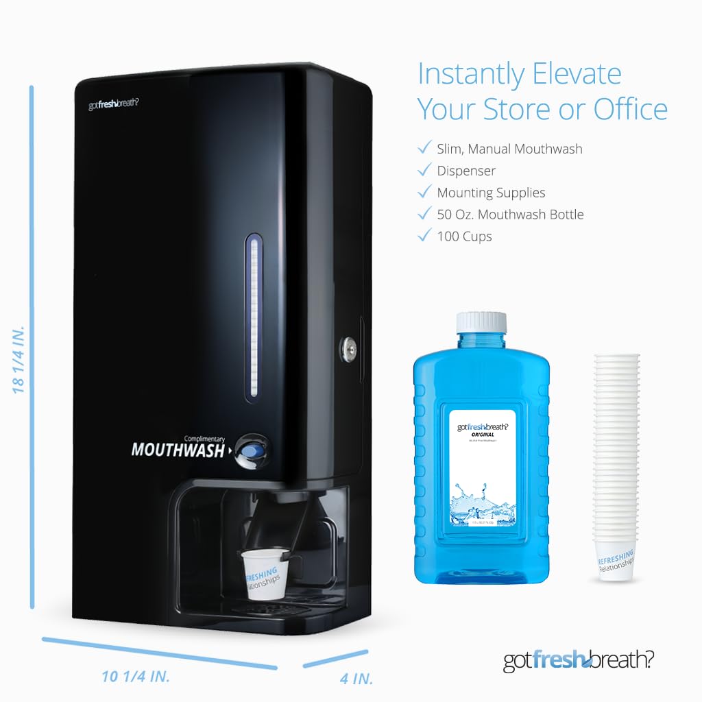 Automatic Mouthwash Dispenser for Bathrooms - Wall Mount or Standing, Slim Commercial Design with 100 Disposable Cups & 50oz Refill - Black | Perfect for Home, Office, Dental Clinics and Public Restrooms