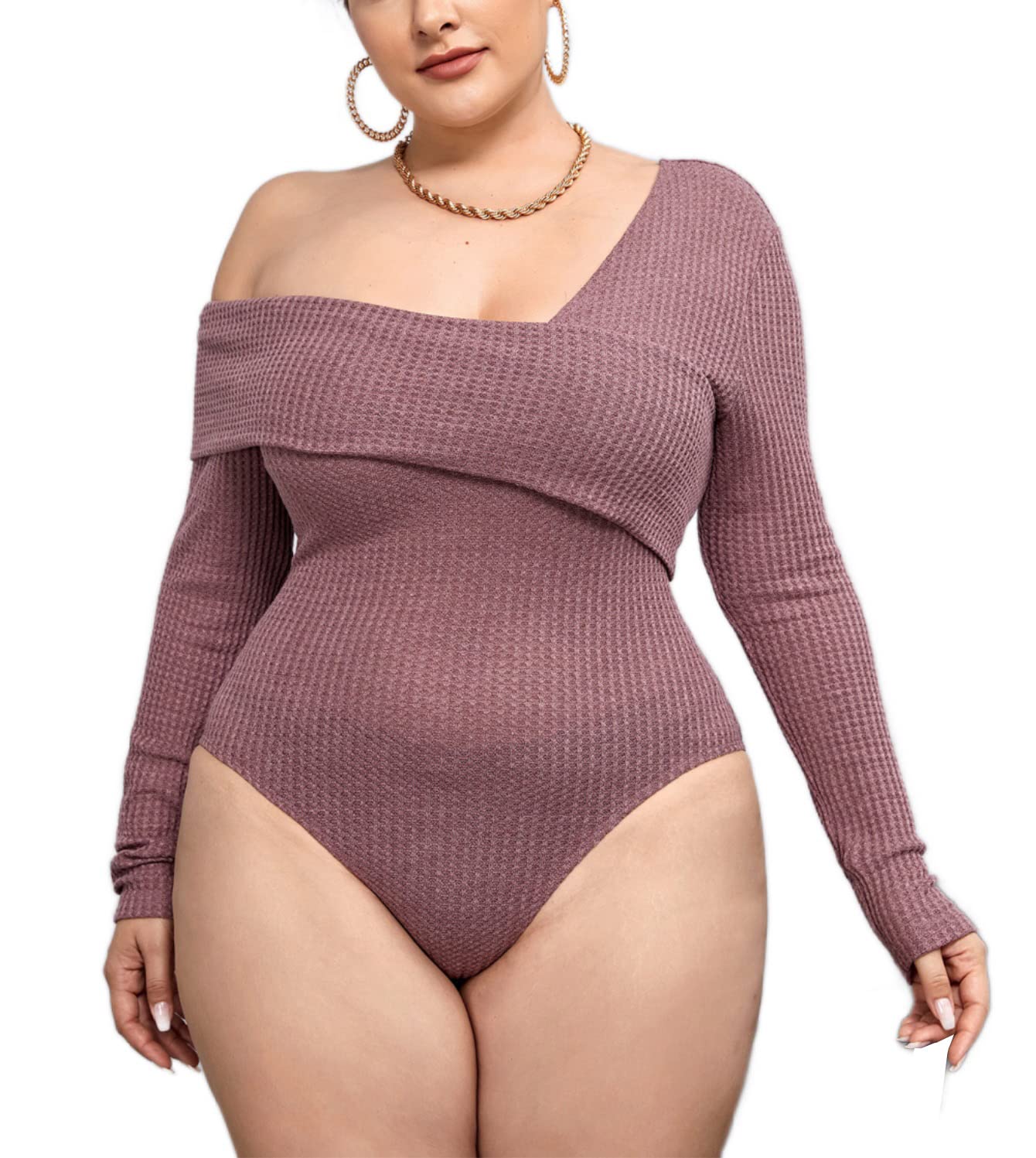 LEMAFER Women's Plus Size Long Sleeve Waffle Knit Bodysuit - Asymmetrical Neck Jumpsuit for Casual Wear, Layering & Fall Fashion Outfits