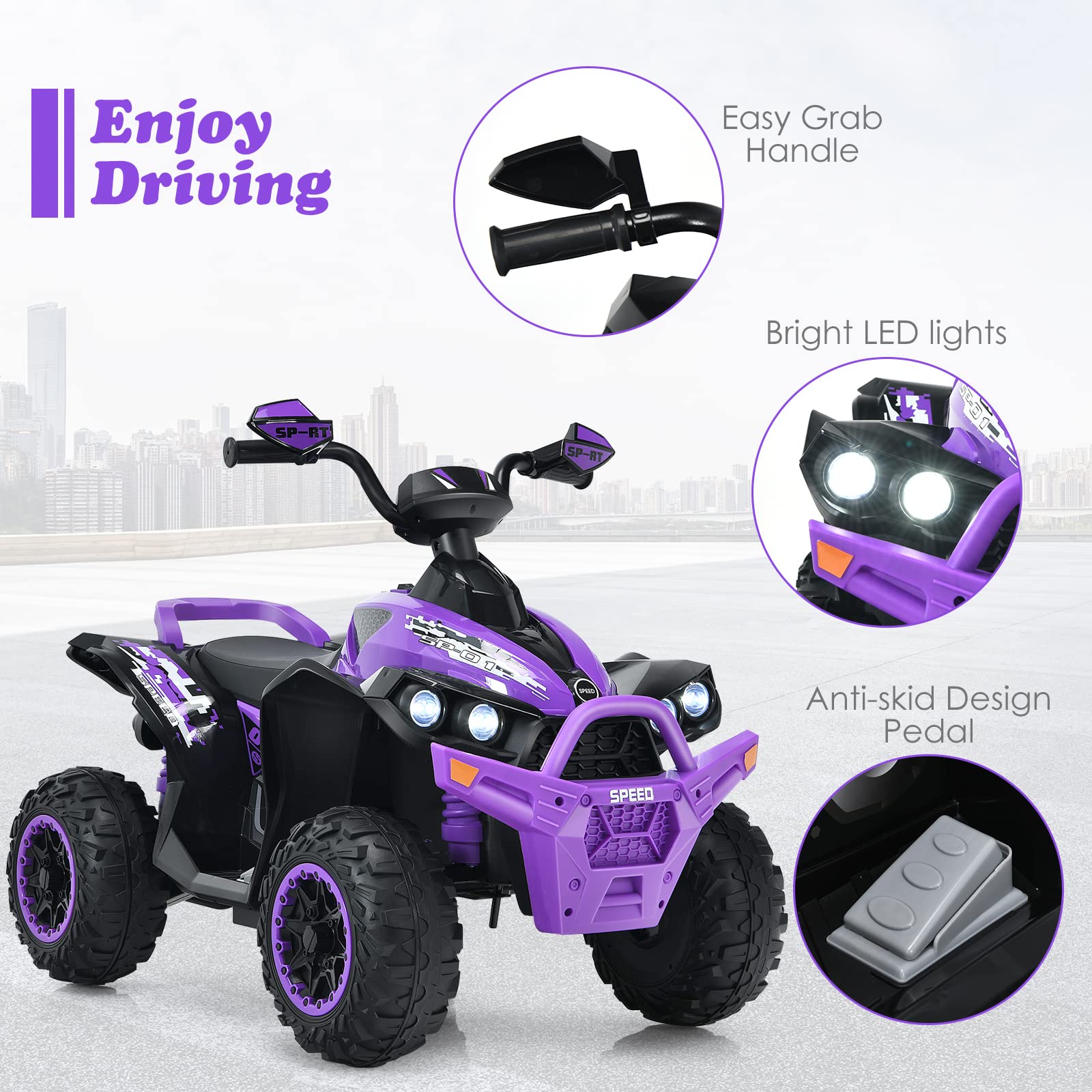 OLAKIDS 12V Kids Ride On ATV - Electric Battery Powered 4 Wheeler Toy Car for Toddlers & Children with LED Lights, Music, Horn - High & Low Speed, Soft Start - Purple Quad Vehicle for Boys & Girls | Outdoor Play, Birthday Gift, Backyard Fun