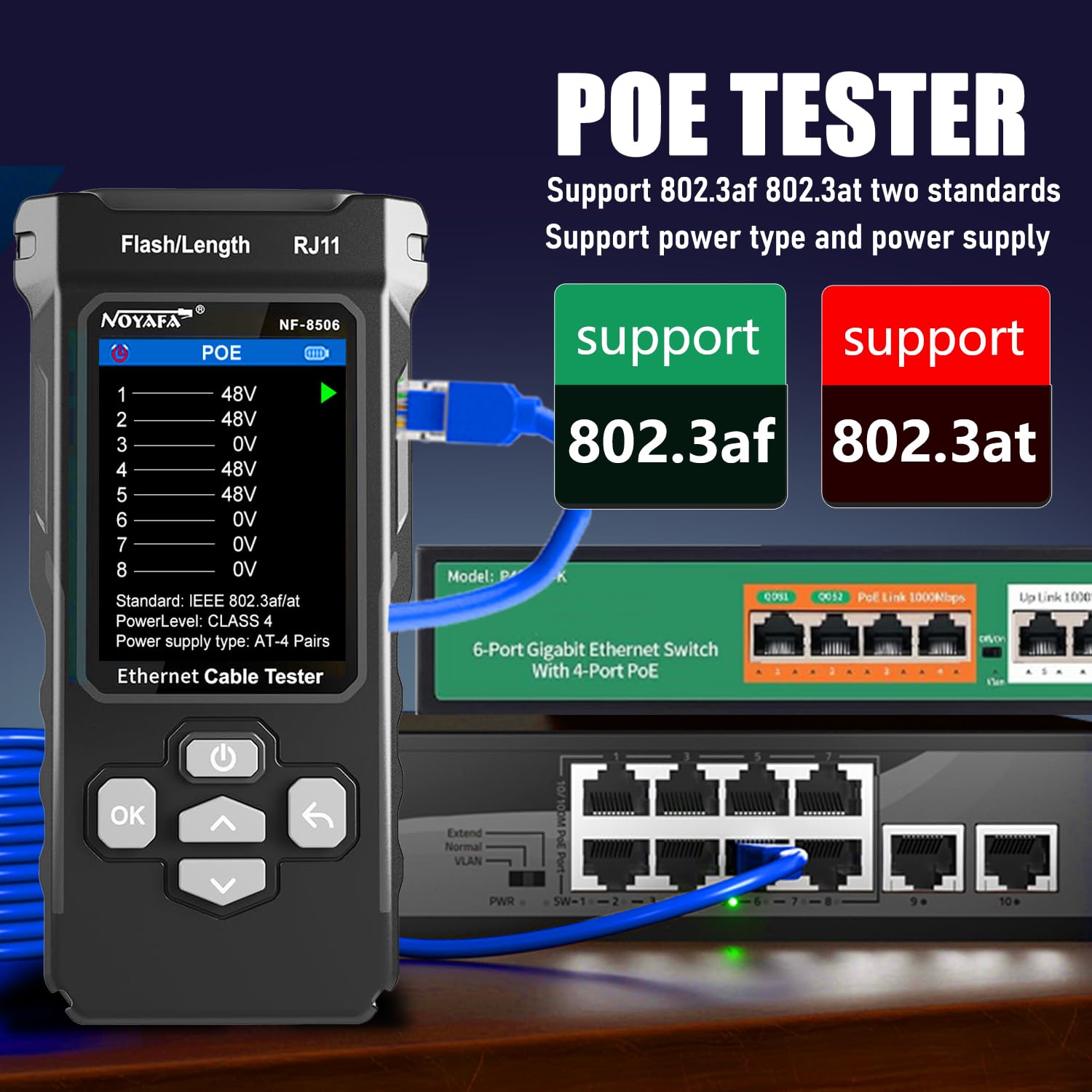 NOYAFA NF-8506 Professional Network Cable Tester with IP Scanner, Network Speed Test, NCV, POE, Ping & TDR for CAT5/CAT6 - RJ11/RJ45 LAN Ethernet Cable Tester & Telephone Wire Finder - Perfect for IT Technicians, Network Installations & Home Office Setup