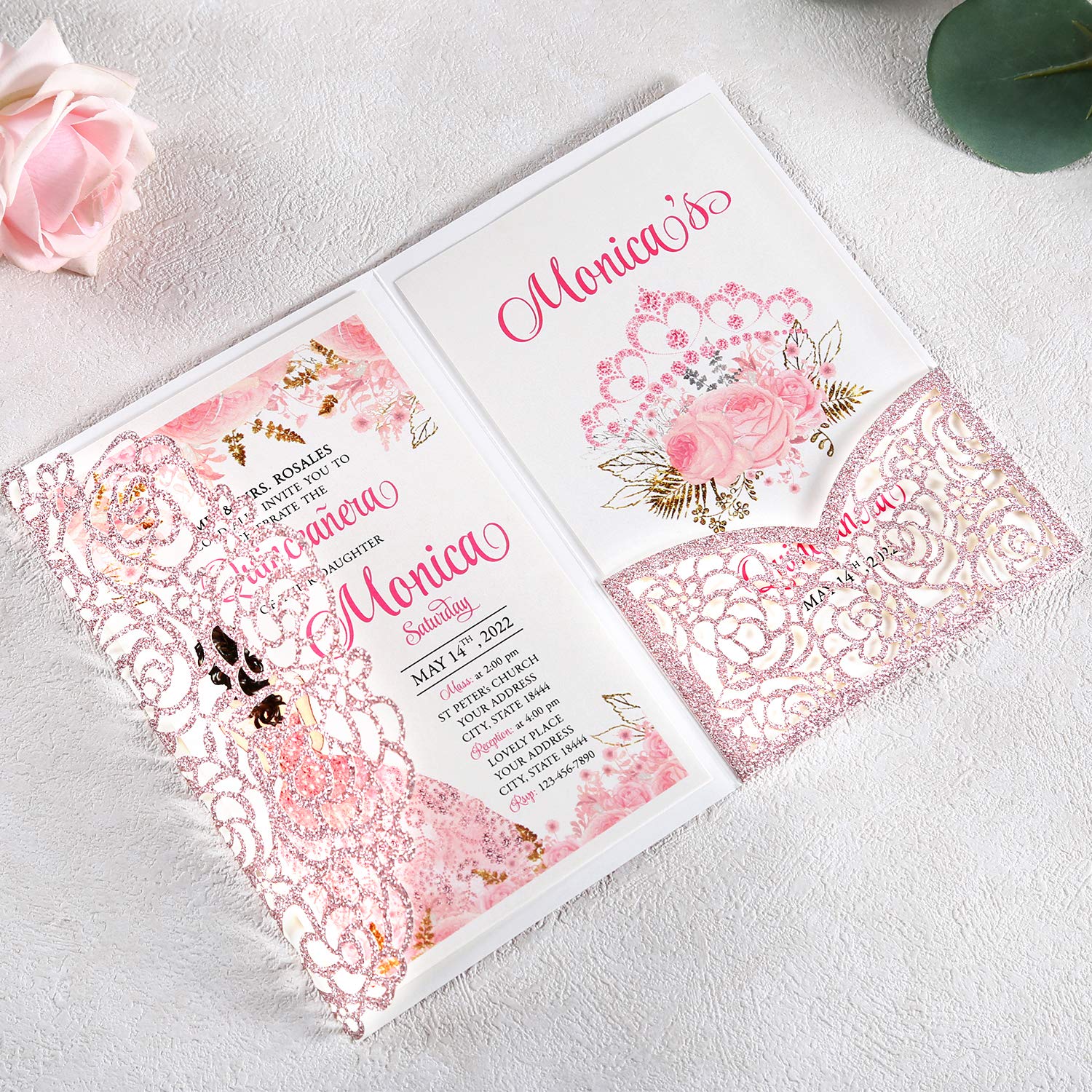 4.7x7 Inch 50PCS Personalized Rose Gold Glitter Quinceanera Invitations Kit - Laser Cut Hollow Rose Design with Envelopes - Perfect for Sweet 15, Quinceañera Celebrations & Birthday Party Invitations