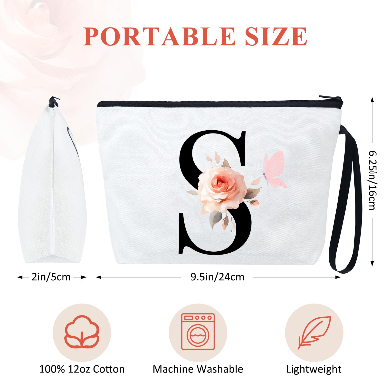 Personalized Initial Makeup Bag - 12OZ Canvas Cosmetic Pouch with Floral Butterfly Design (Letter J) | Travel Toiletry Organizer for Women, Perfect for Gym, Vacation & Daily Use