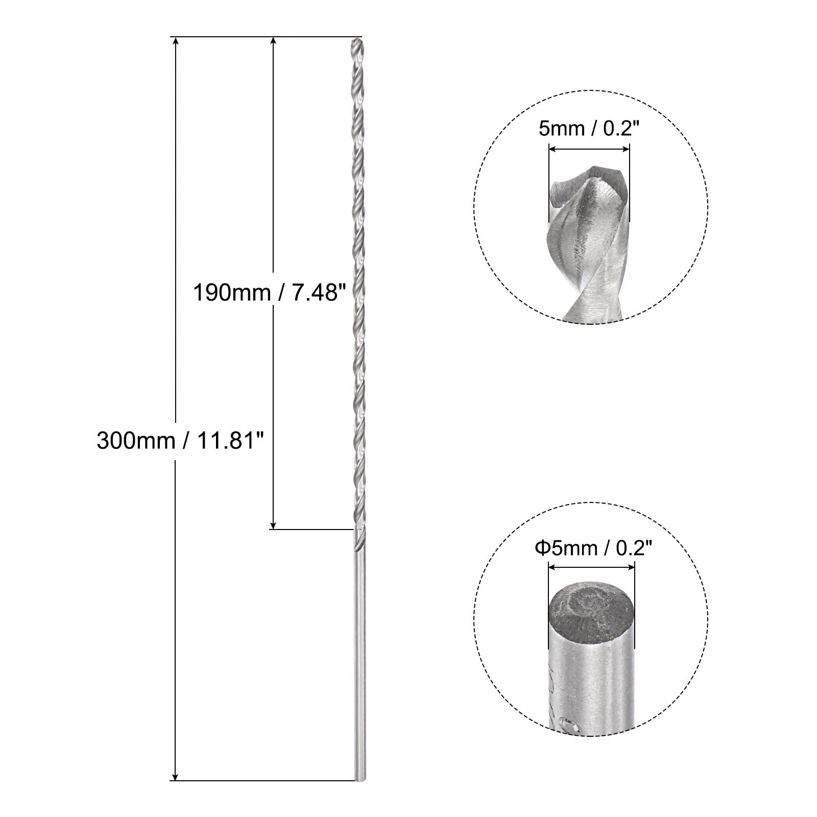 uxcell 5mm High-Speed Steel Twist Drill Bits - 300mm Extra Long Straight Shank for Wood, Plastic & Aluminum - Perfect for Deep Hole Drilling in DIY Projects & Woodworking