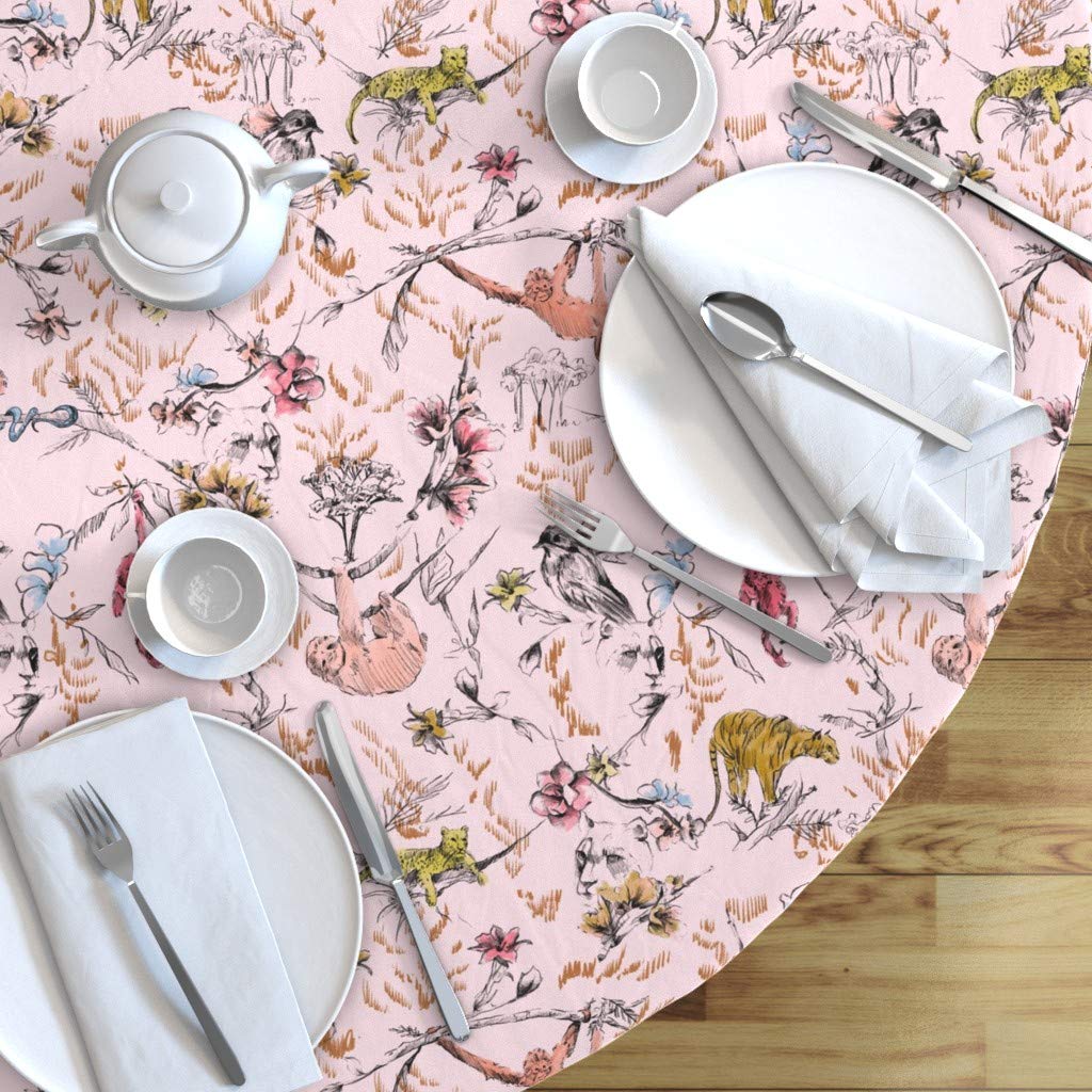 Custom Jungle Pink Monkey Sloth Tiger Cheetah Tropical Animal Floral Print Cotton Sateen Tablecloth - 90
