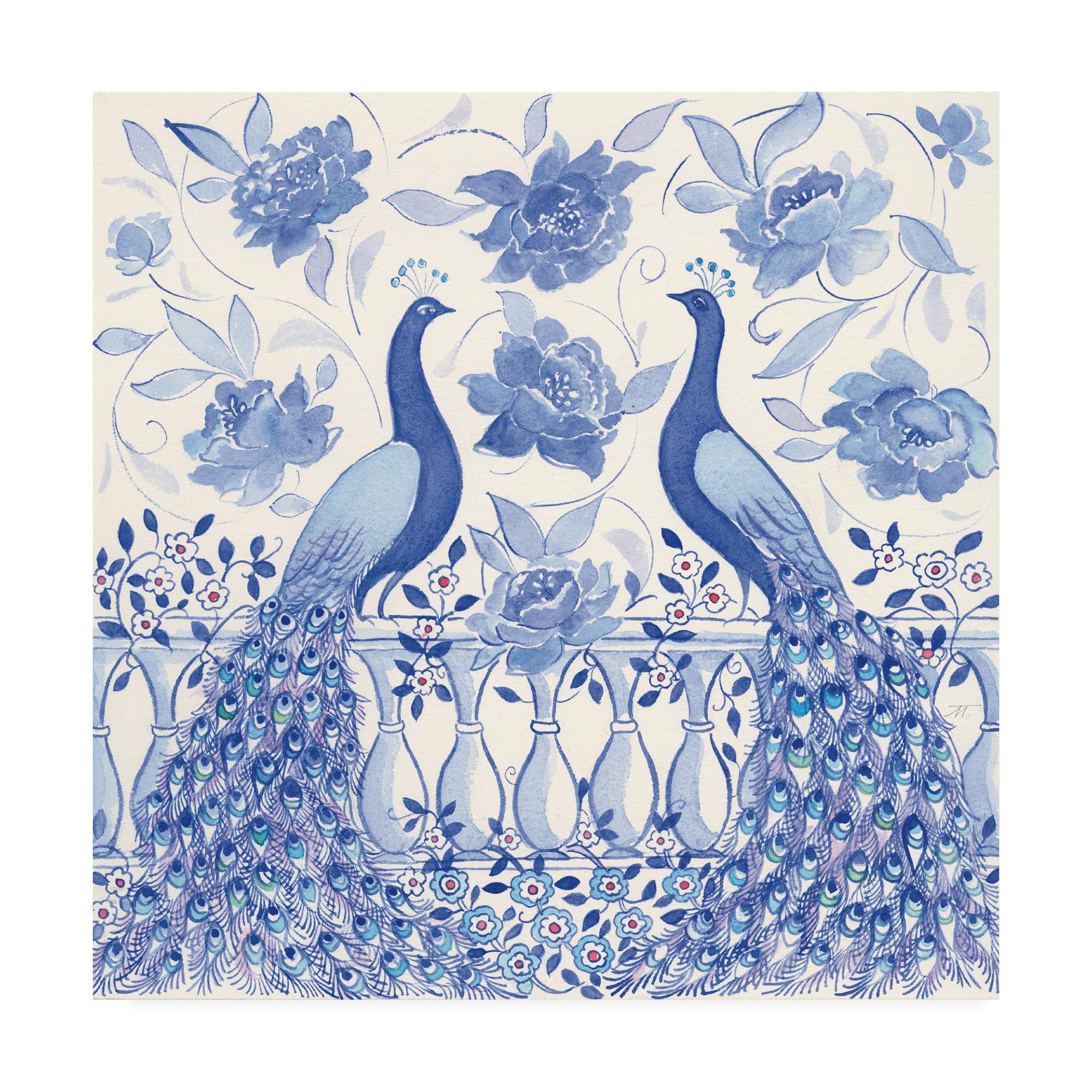 Miranda Thomas Peacock Garden VI Fine Art Print - 18x18 Inches, Vibrant Peacock & Floral Wall Decor for Living Room, Bedroom, or Office