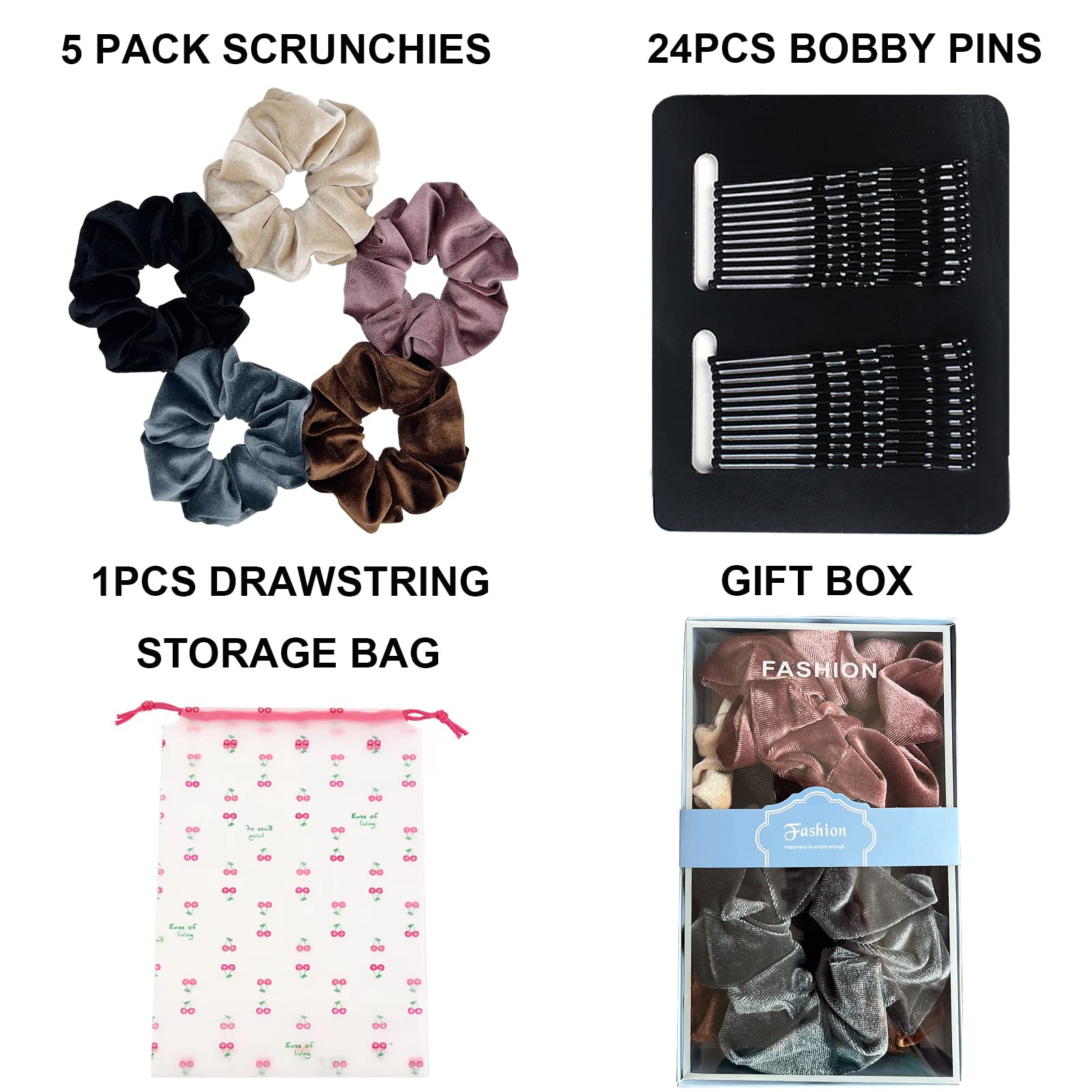 Soft Velvet Scrunchies for Women & Girls - Stretchy Hair Ties, Elastic Hair Bands, Gentle Bobbles in Dark Colors - Perfect for School, Work, Gym & Everyday Hairstyles