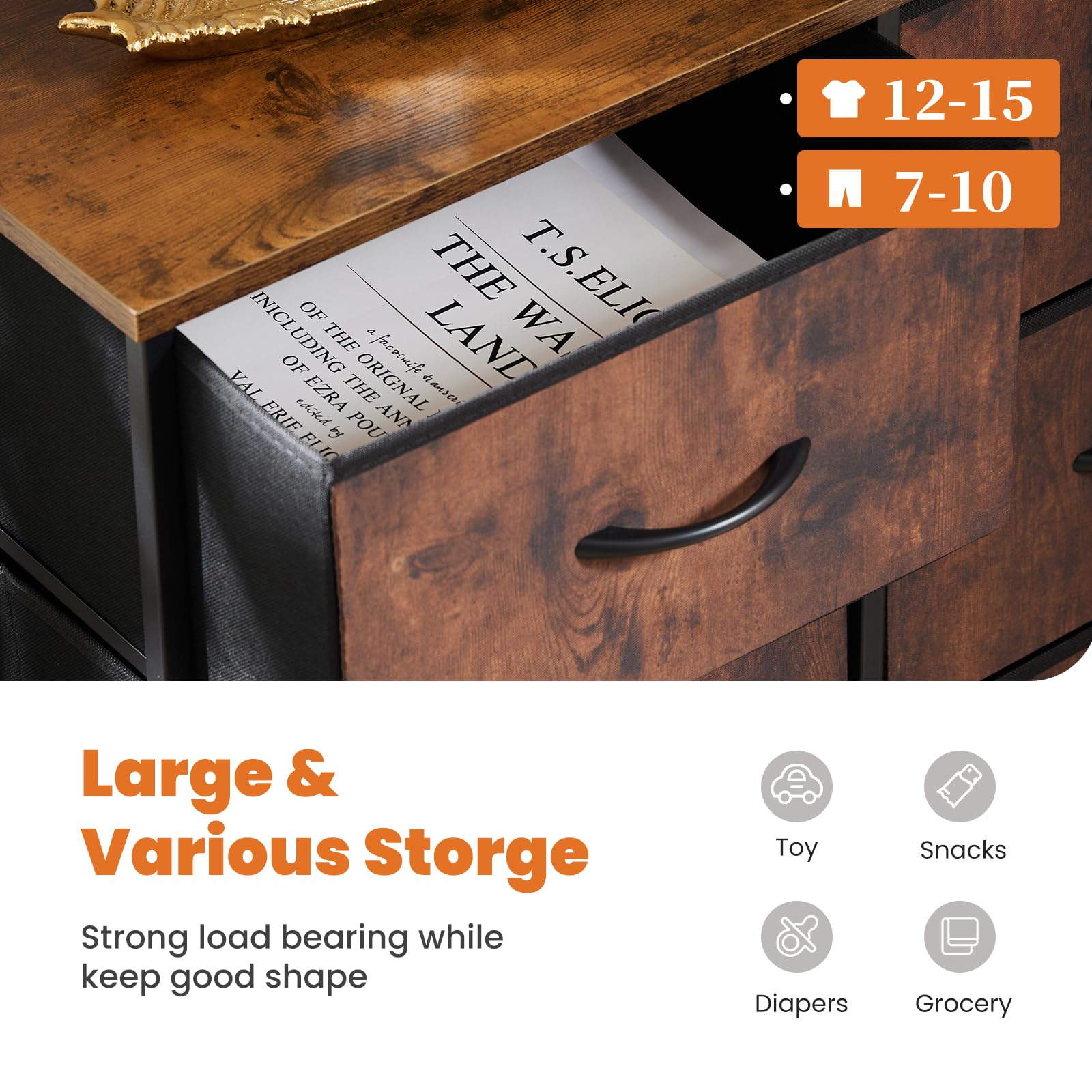 Sweetcrispy 8-Drawer Dresser for Bedroom & Kids Room - Tall Wood Top Chest Tower with Steel Frame | Clothing & Closet Storage Organizer with Fabric Bins | Lightweight & Easy Assembly with Tools Included | Perfect for Nursery, Dorm, or Apartment Organization