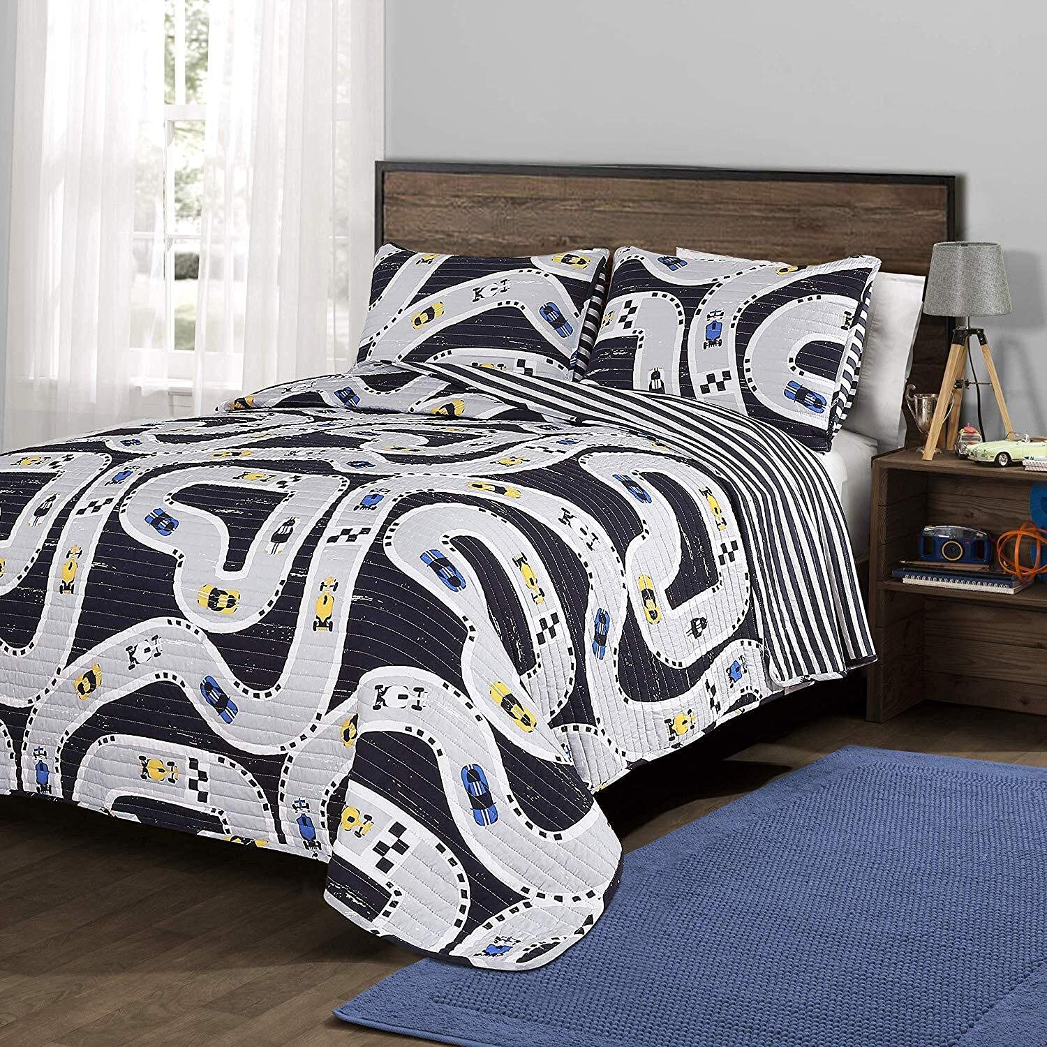 Reversible Kids Car Tracks Quilt Set - Twin Navy for Boys Bedroom