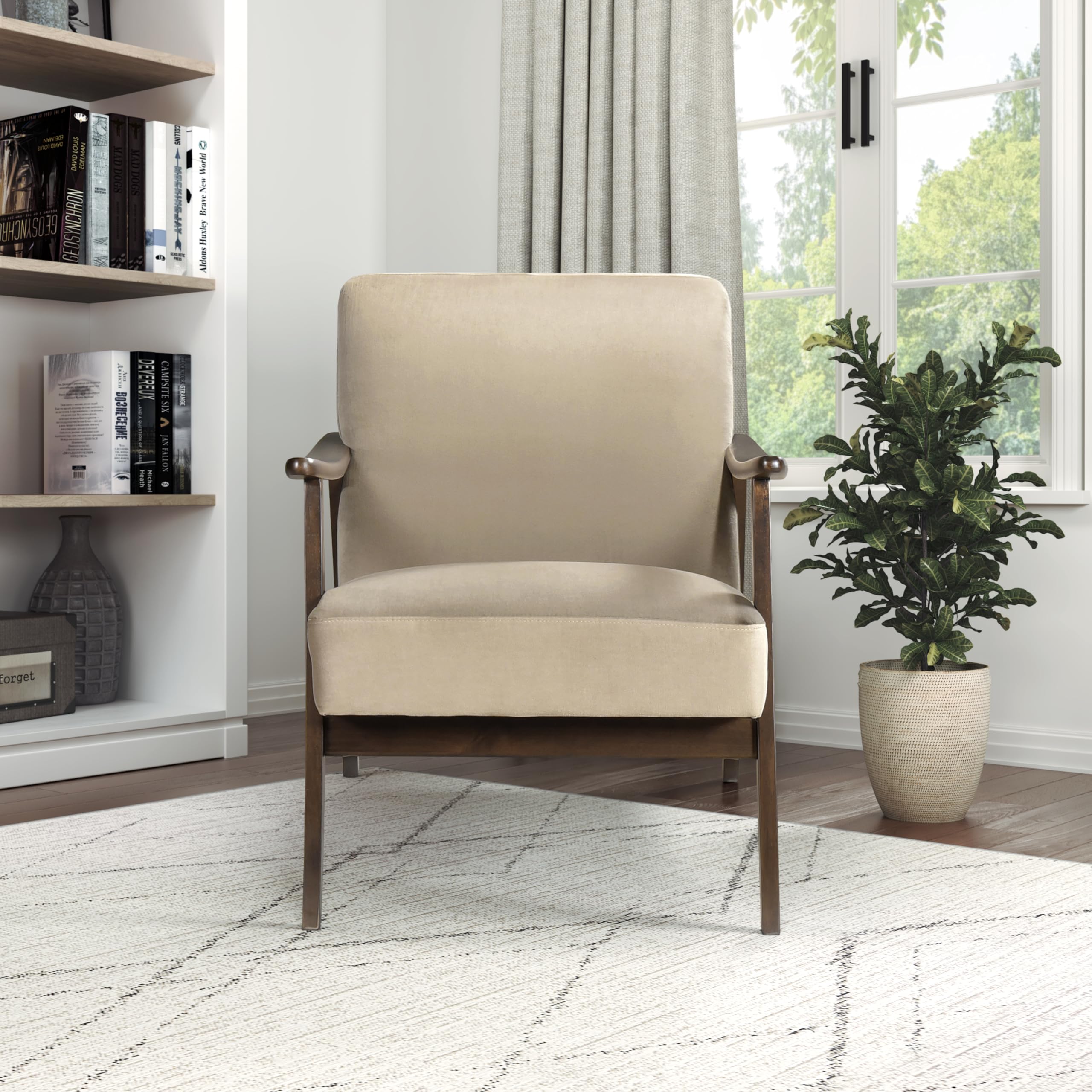 Mid Century Modern Velvet Accent Chair - Solid Wood Armrests & Legs, Cushioned Seat & Backrest - Comfortable Reading & Lounge Chair for Living Room, Bedroom, Studio - Brown Velvet Upholstered Furniture for Home Decor