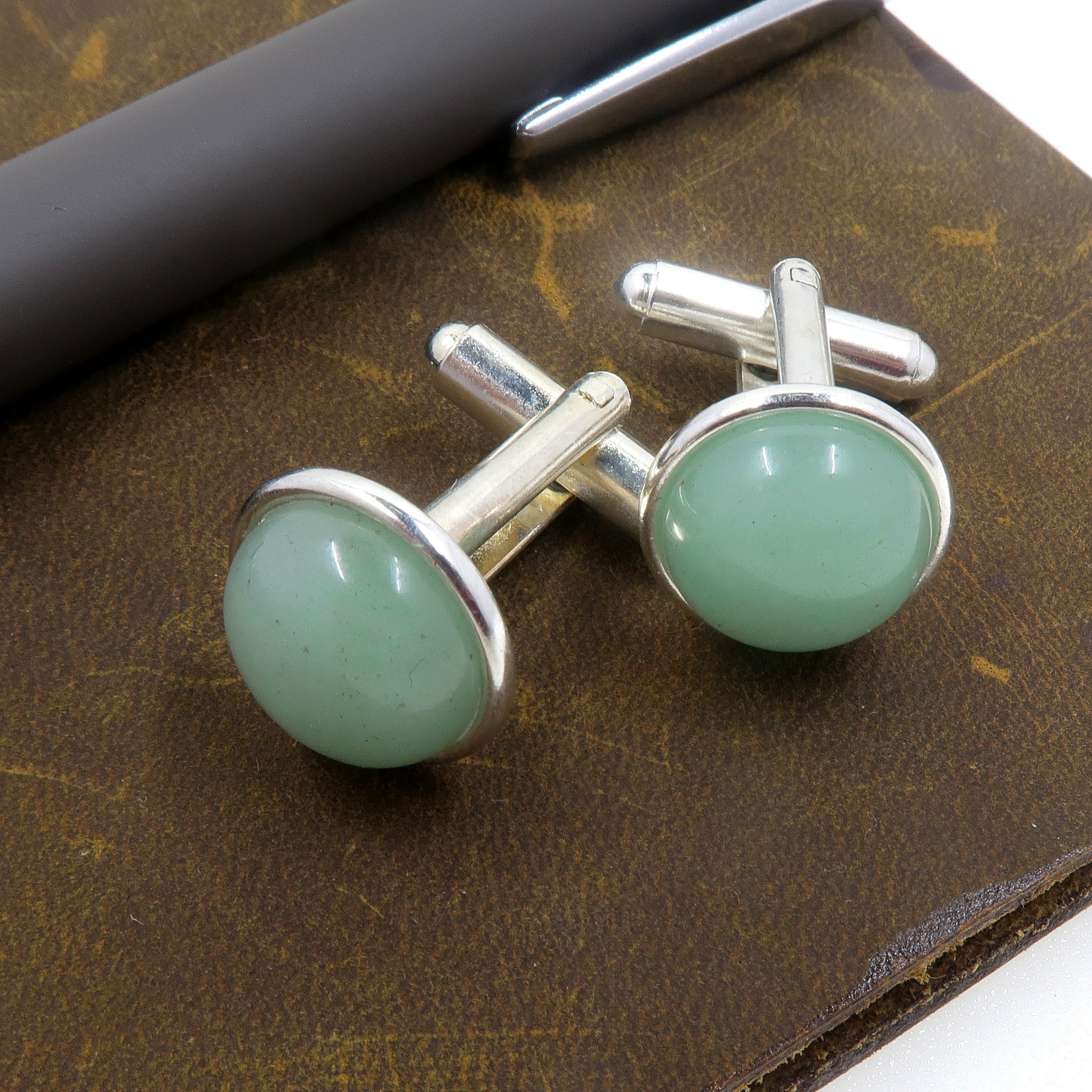 Green Aventurine Cufflinks for Men - Sterling Silver Dress Accessories for Business & Formal Occasions - Elegant Office & Wedding Gift Idea
