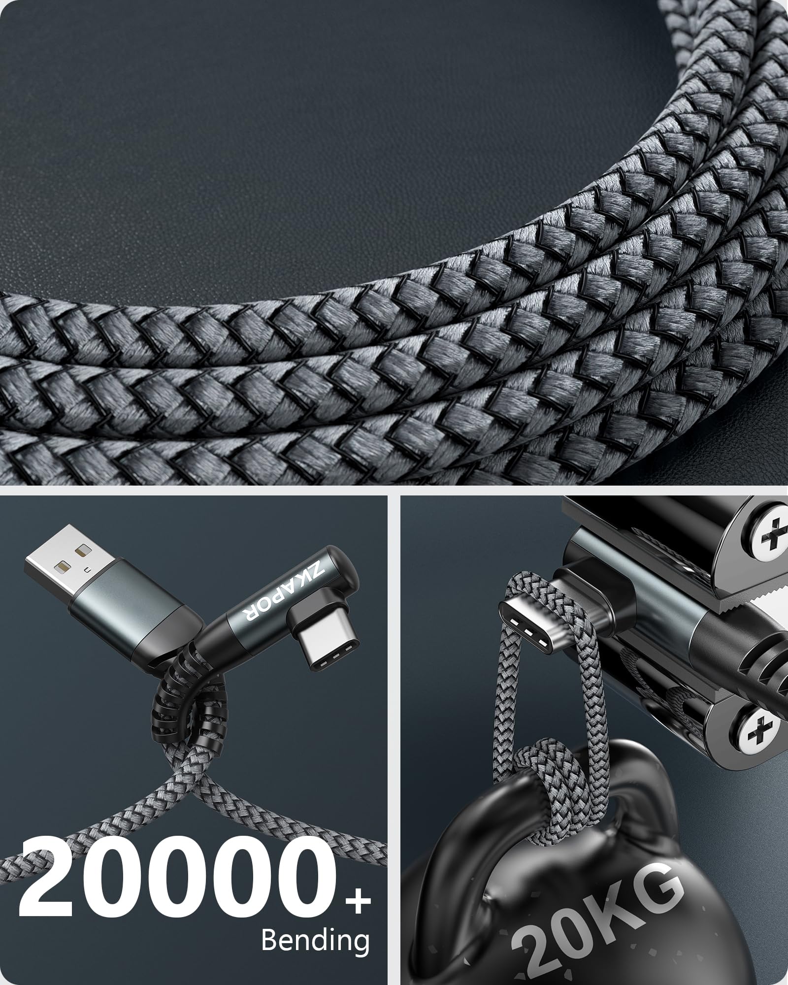 ZKAPOR Right Angle USB C Charger Cable 30CM - Fast Charging Nylon Type C Cable Compatible with iPhone 15/15 Pro Max, Samsung Galaxy S23/Note 10, Huawei P40, Google Pixel - Perfect for Travel, Gaming & Car Charging