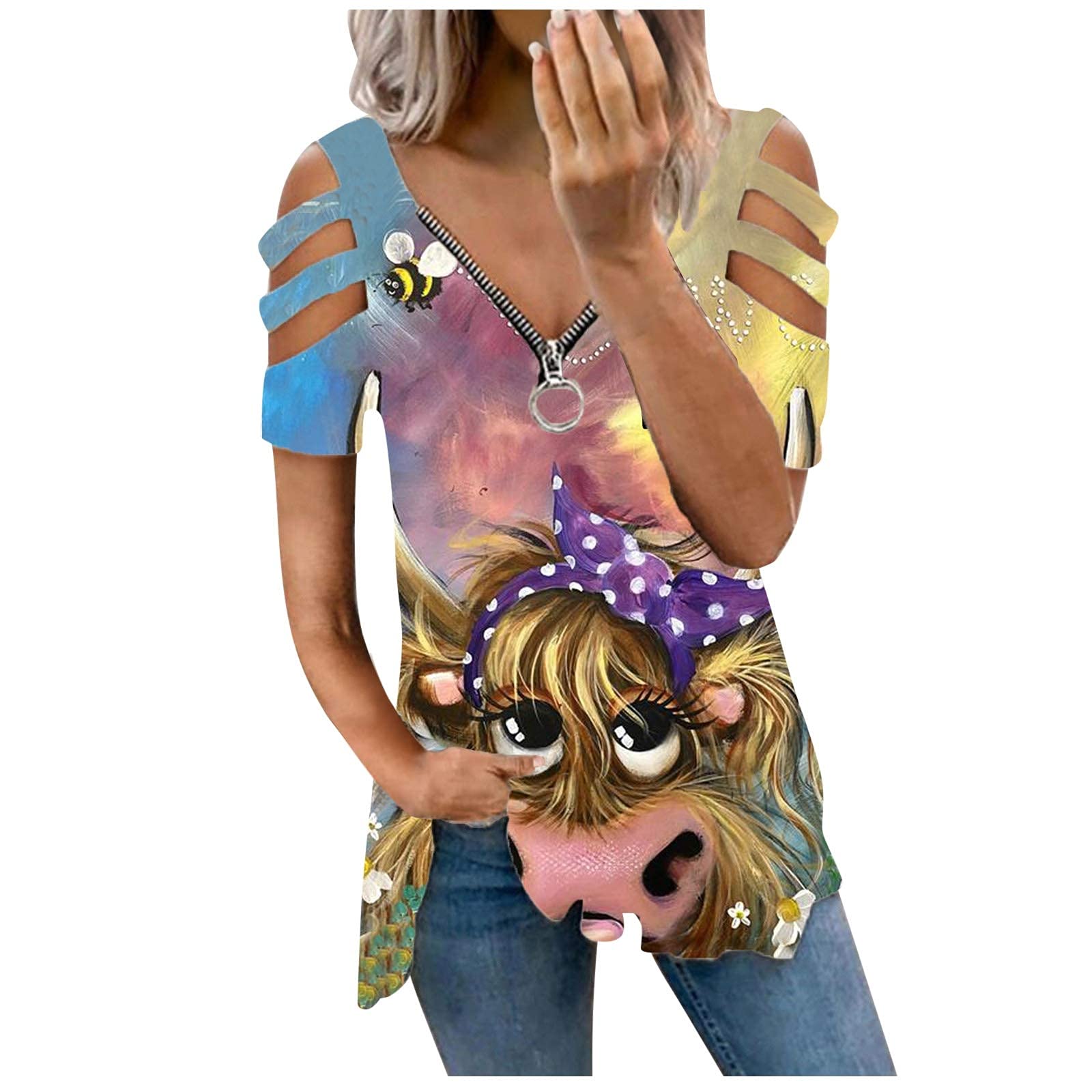 Women's Summer Short Sleeve V-Neck Tunic Top with Cold Shoulder & Zipper Detail - Casual Fashion T-Shirt for Beach, Party & Everyday Wear