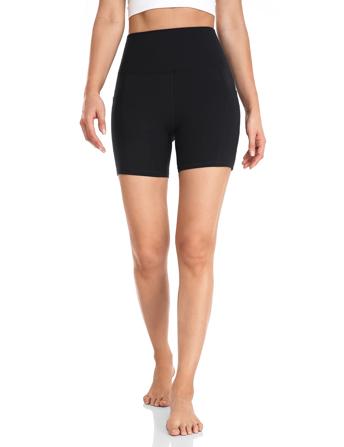 HeyNets Women's High Waist Compression Workout Shorts with Side Pockets - 4