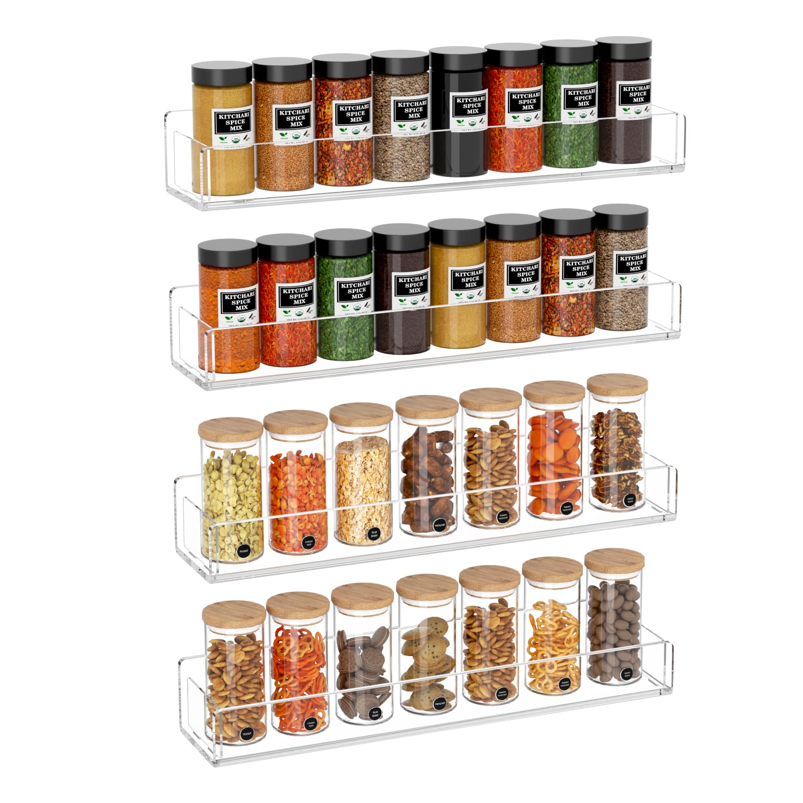 NIUBEE Clear Acrylic Wall Mounted Spice Rack Organizer - 4 Pack Kitchen Storage Shelf for Seasonings & Spices | Space-Saving Hanging Solution for Small Kitchens, Pantries & Countertops