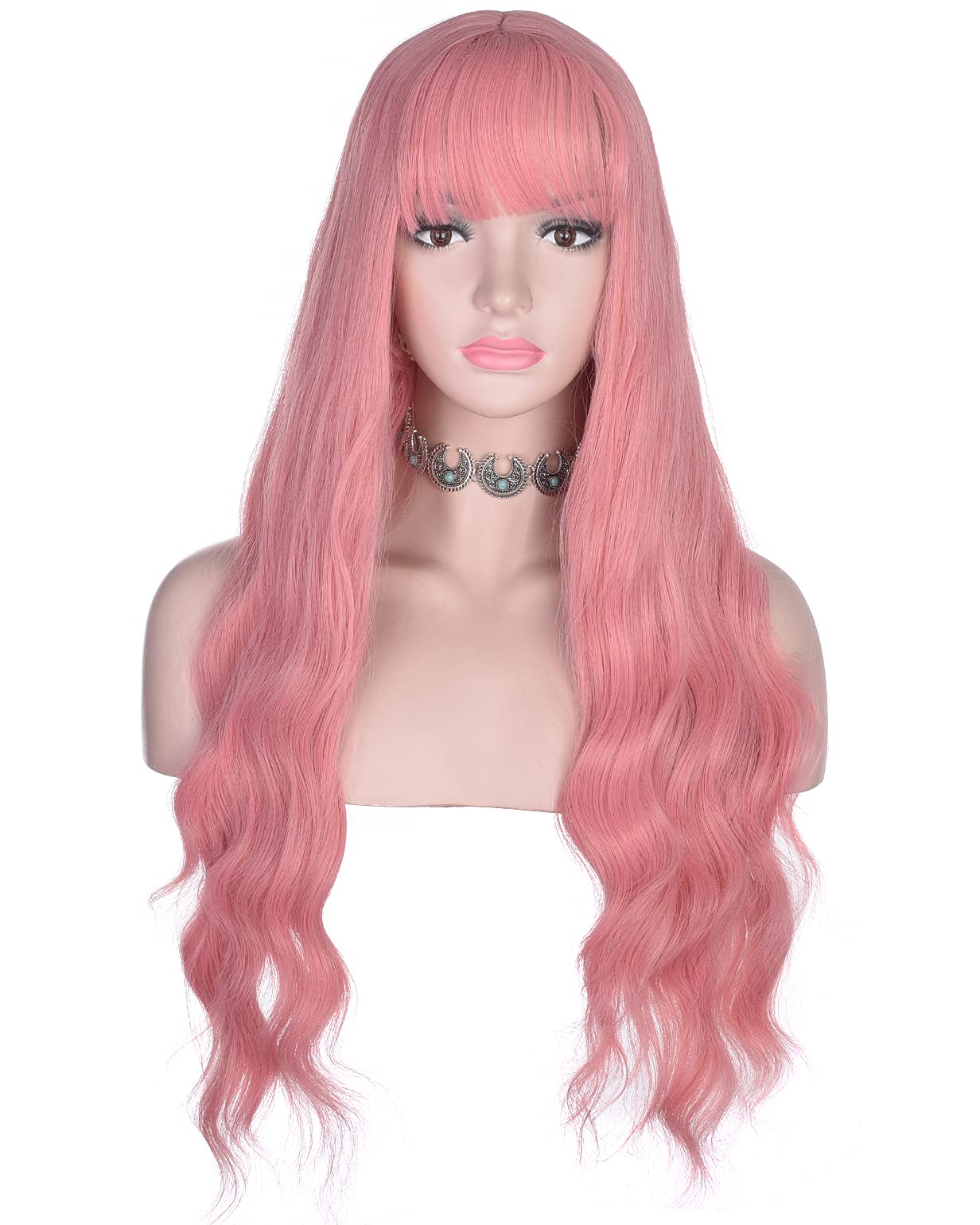 Long Wavy Pink Wig with Bangs for Women - Heat Resistant Synthetic Hair Wig for Daily Wear & Cosplay Events - Perfect for Halloween, Costume Parties, Anime Conventions & Themed Events (Pink)