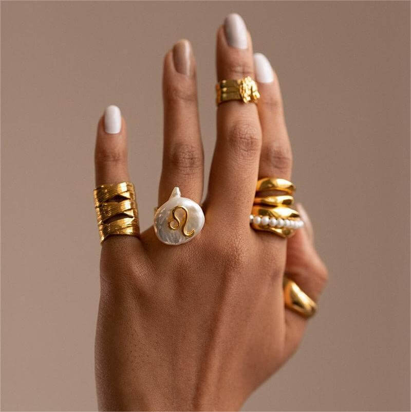 14K Gold Zodiac Sign Pearl Stacking Ring - Aries, Taurus, Gemini, Cancer, Leo, Virgo, Libra, Scorpio, Sagittarius, Capricorn, Aquarius, Pisces | Elegant Dainty Jewelry for Women | Perfect for Birthday Gifts, Anniversary, Valentine's Day & Everyday Wear (MQ801)